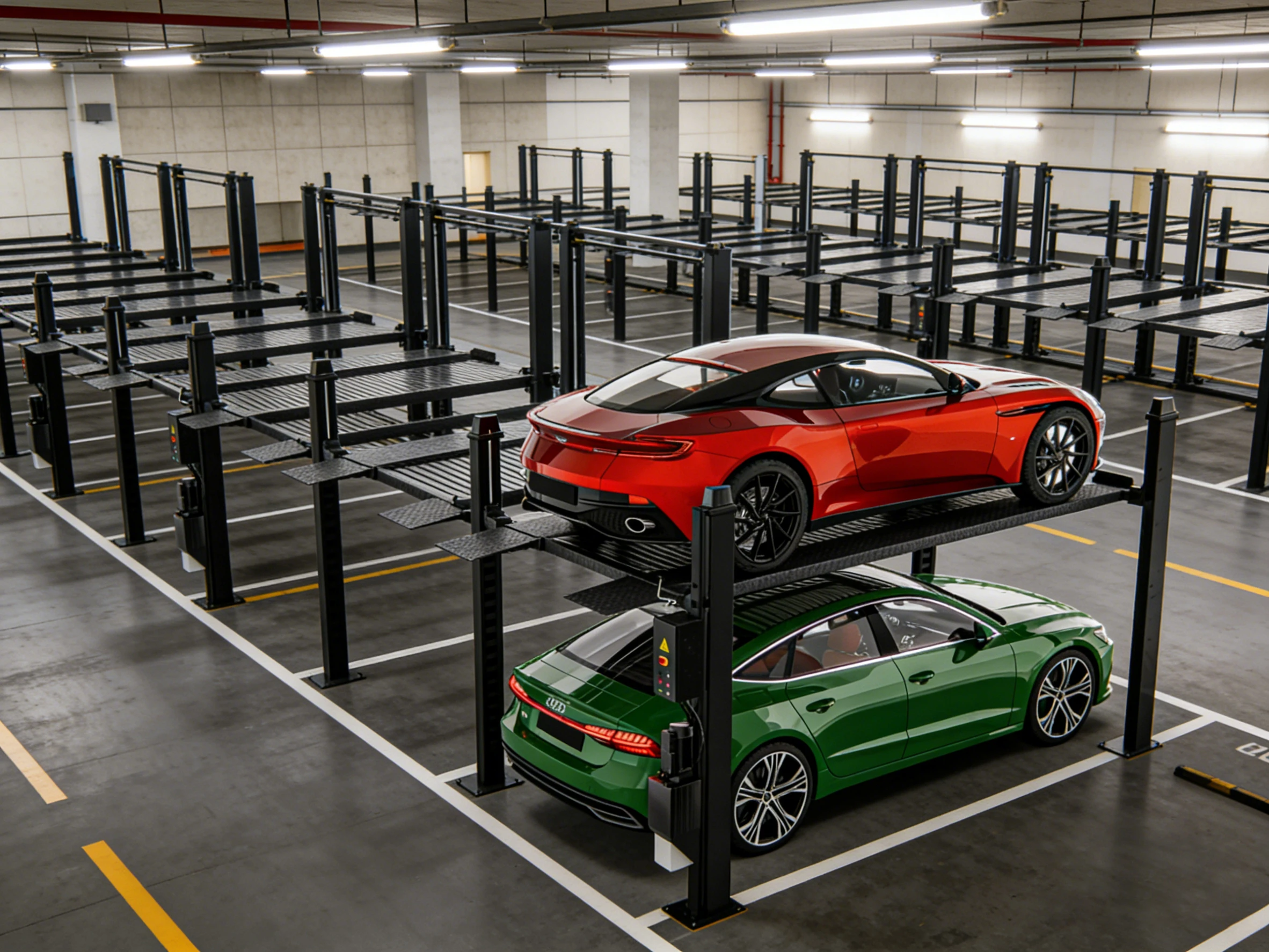 Four post car parking lift with two cars in a large-scale underground parking garage, a scalable high-density parking solution.