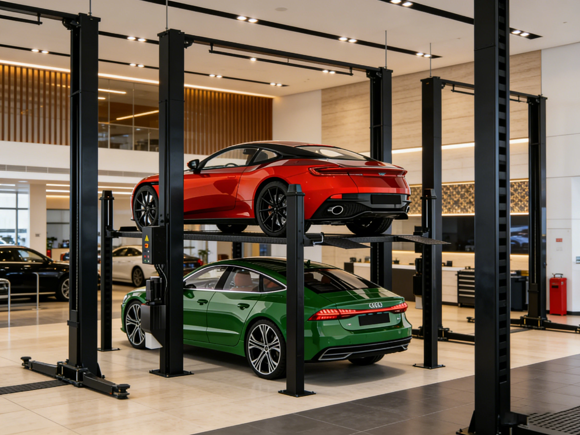 Four post car parking lift with red sports car and green Audi in a high-end luxury car showroom, ideal for premium vehicle display and storage.