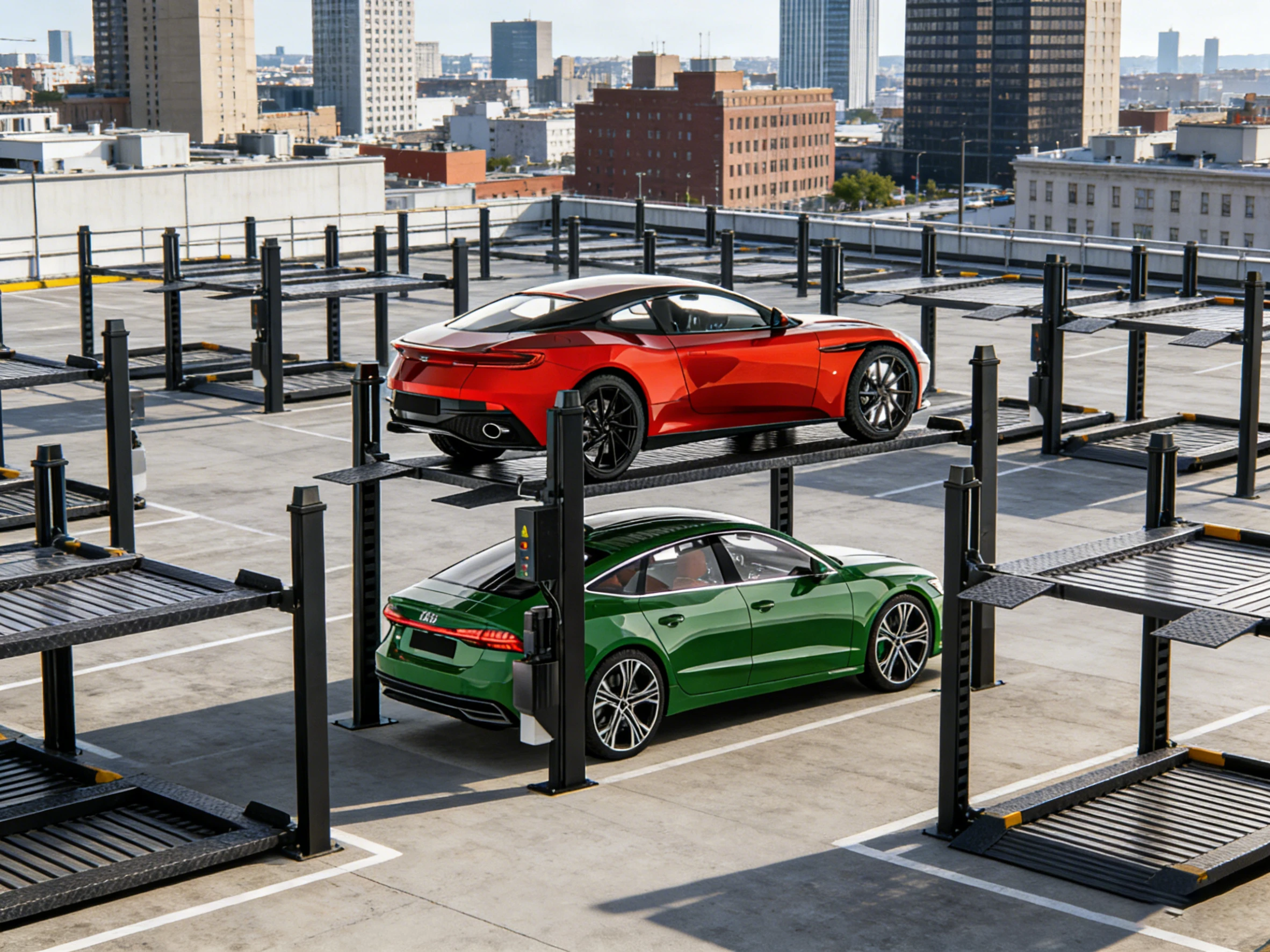 Four post car parking lift with two luxury cars on a rooftop parking lot in a dense urban city center, maximizing vertical parking space.