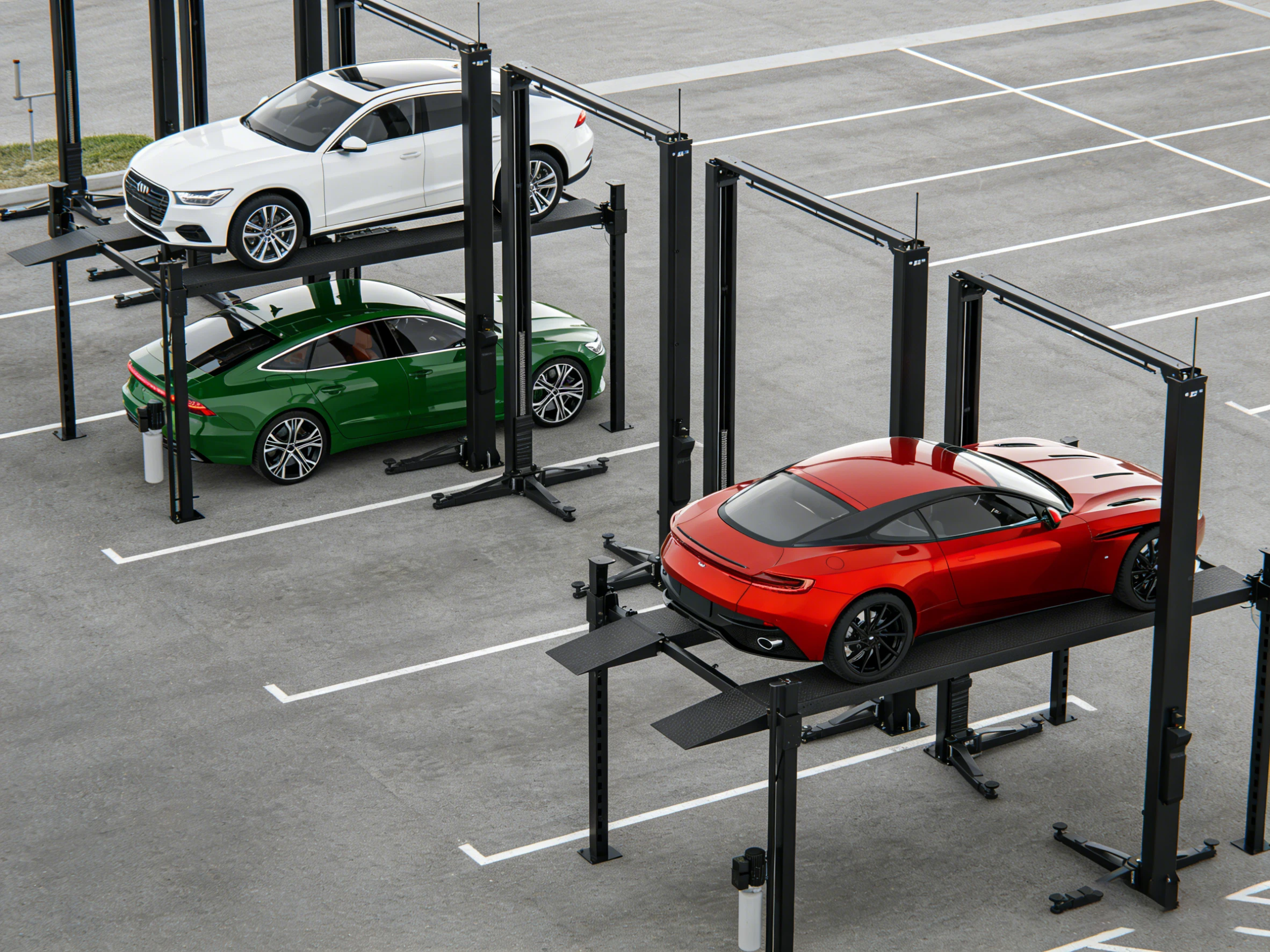 Four post parking lift with cars in a multi-bay outdoor parking lot, a scalable space-saving parking solution.