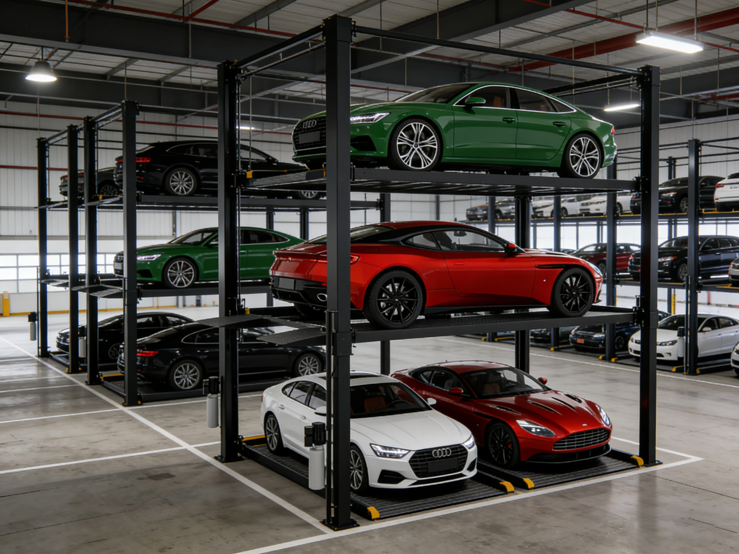 Four post parking lift system with multiple cars in a multi-level indoor parking garage, a high-density automated parking solution.