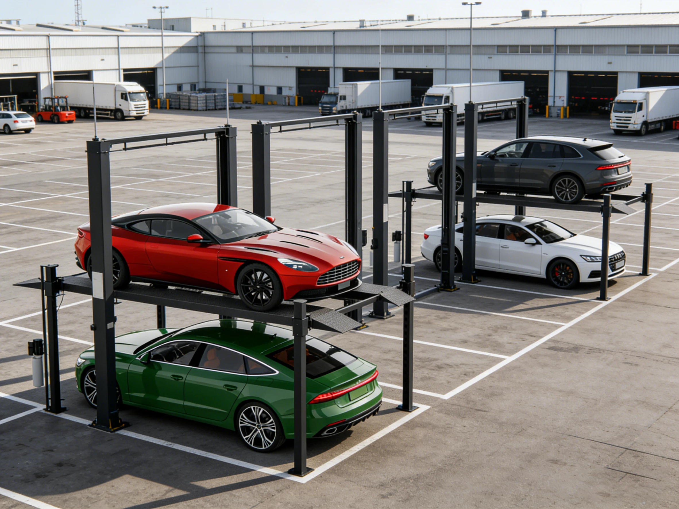Four post parking lift with two luxury cars in an outdoor industrial parking lot, showcasing a space-efficient two-level parking solution.