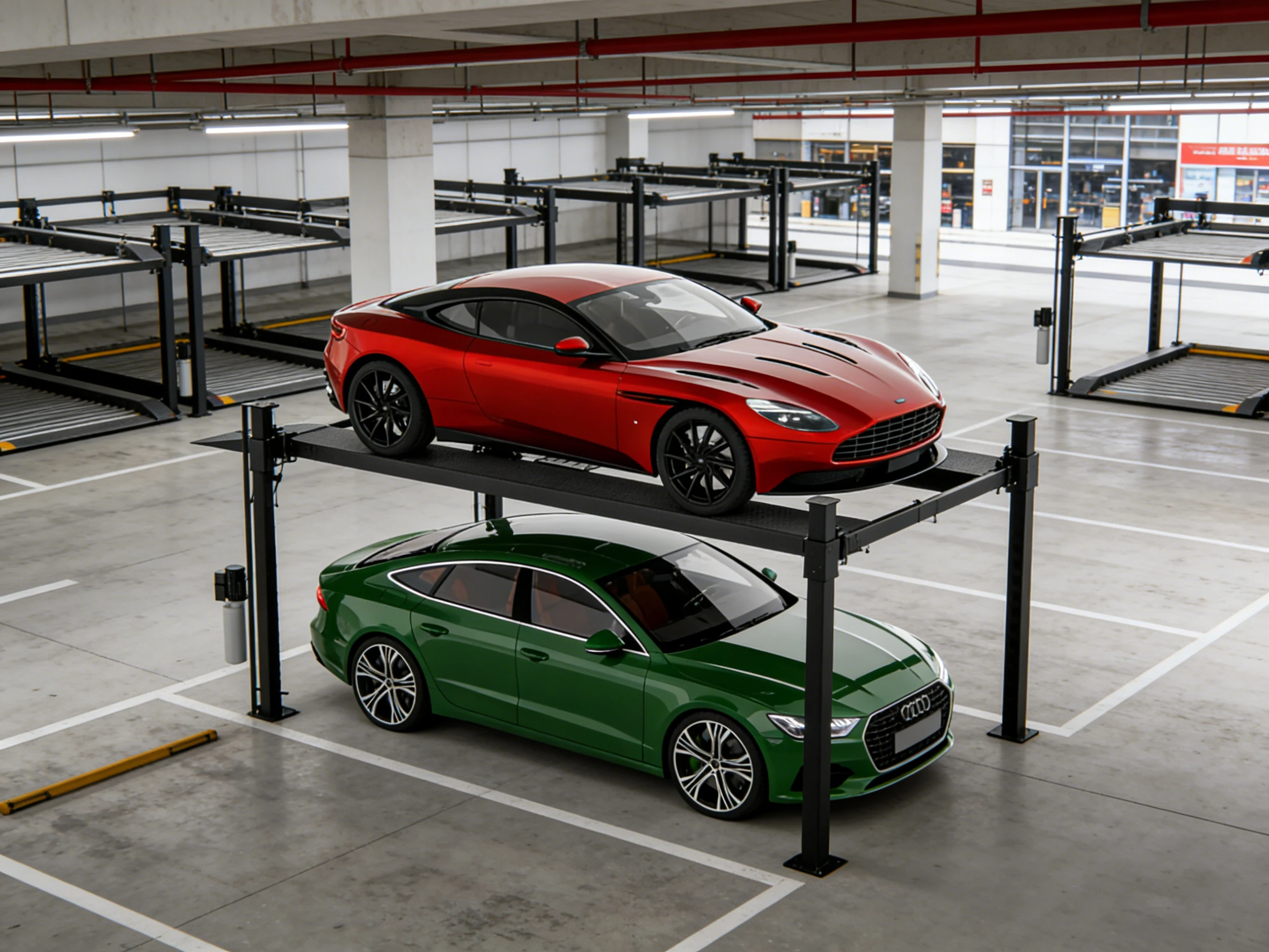 Four post parking lift with two cars in a modern underground parking garage, demonstrating efficient vertical parking.