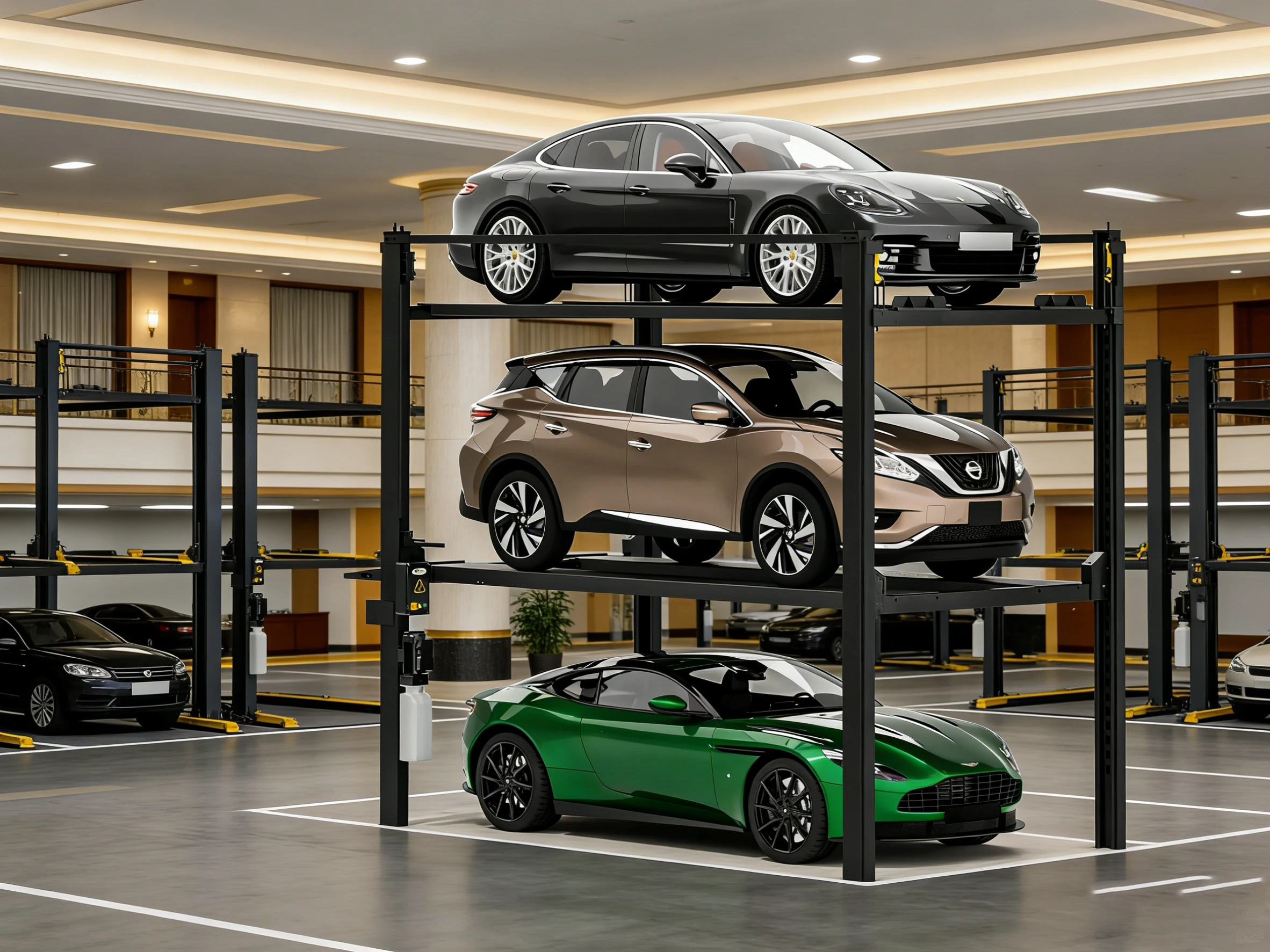 Four post triple stacker parking lift (PFP) with three luxury cars in a modern luxury indoor garage, showcasing space-saving vertical parking solution.