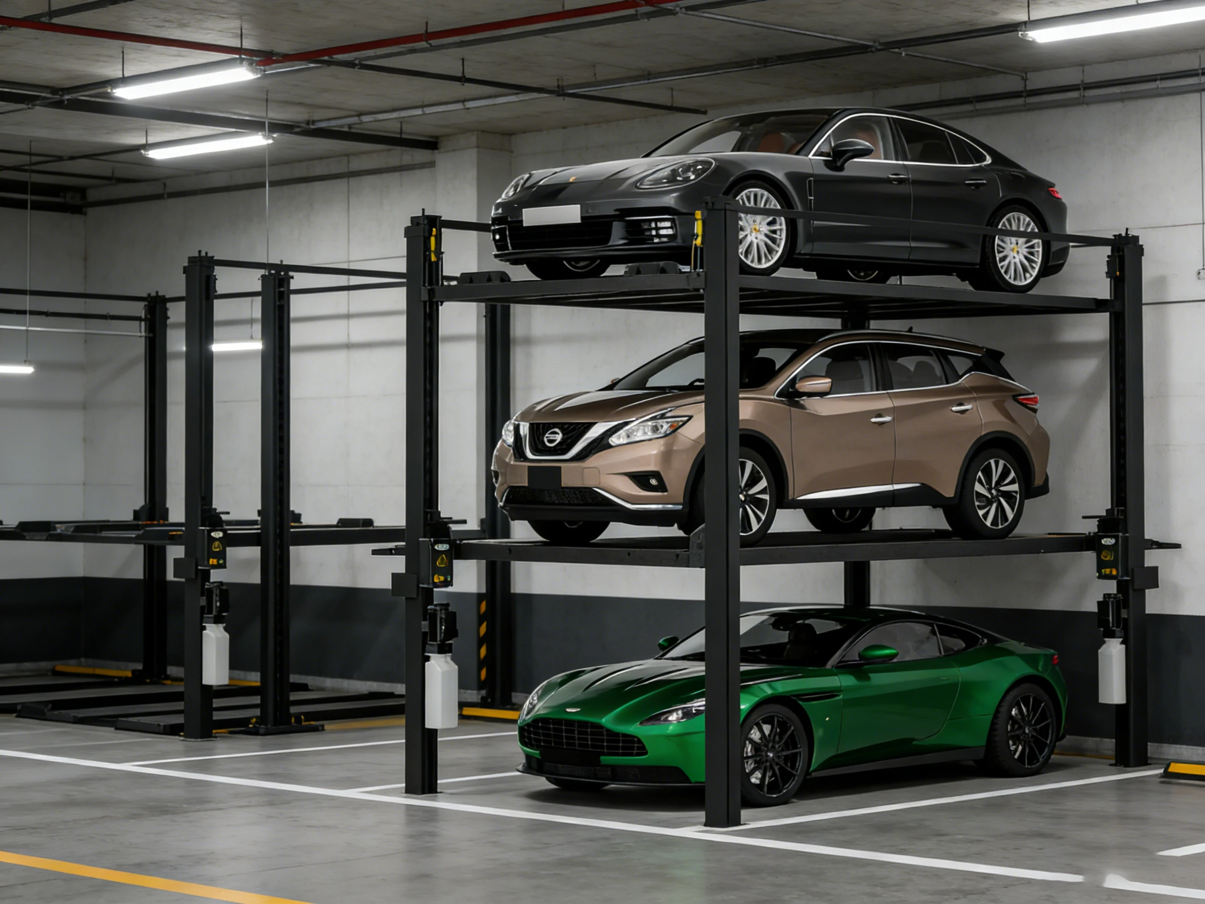 Four post triple stacker parking lift (PFP) with three cars in a multi-bay underground parking garage, a scalable space-saving parking solution.