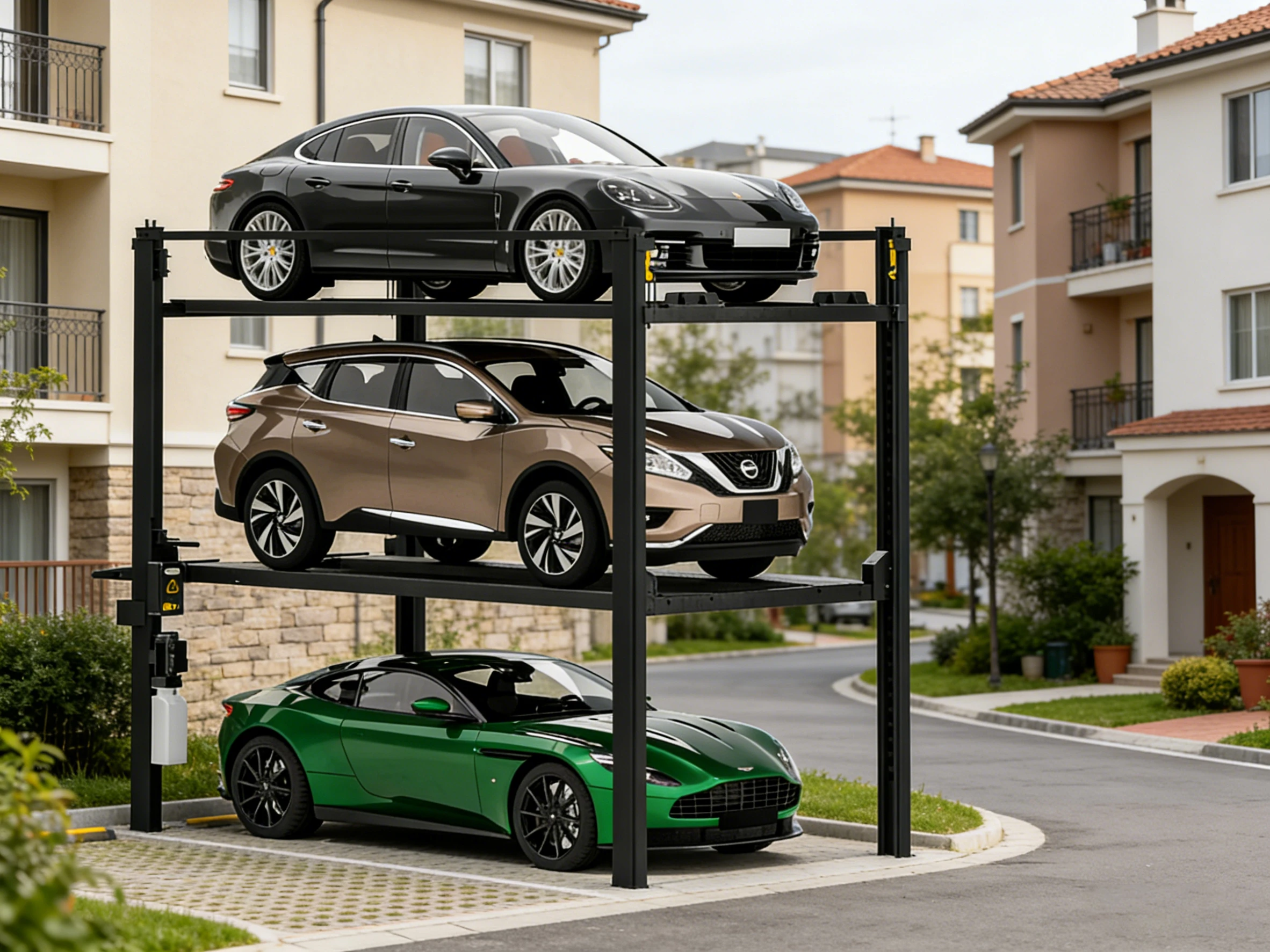 Four post triple stacker parking lift (PFP) with three cars in a residential community, ideal for maximizing parking space in neighborhoods.
