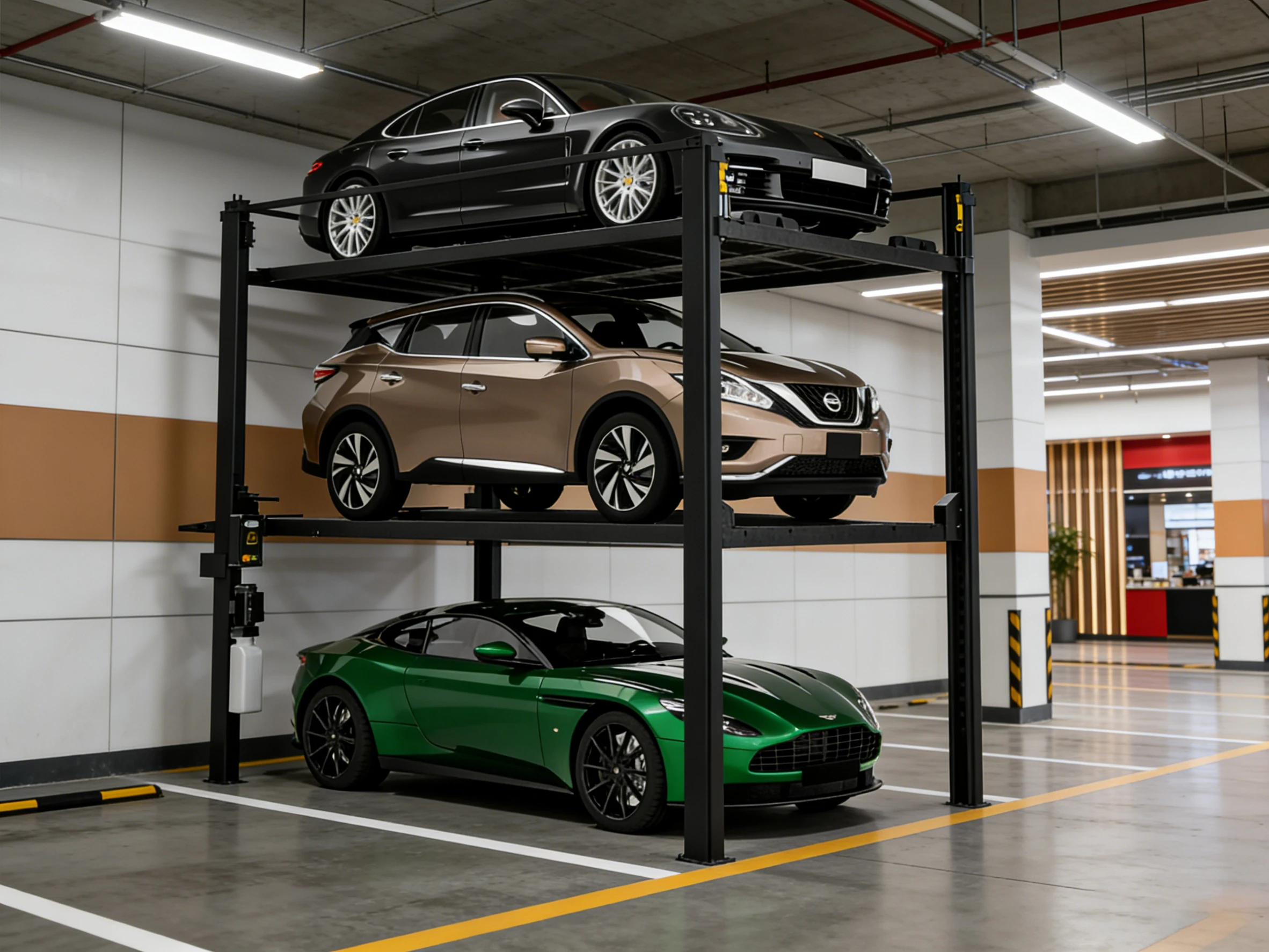 Four post triple stacker parking lift (PFP) with three cars in a modern underground parking garage, demonstrating efficient vertical parking.