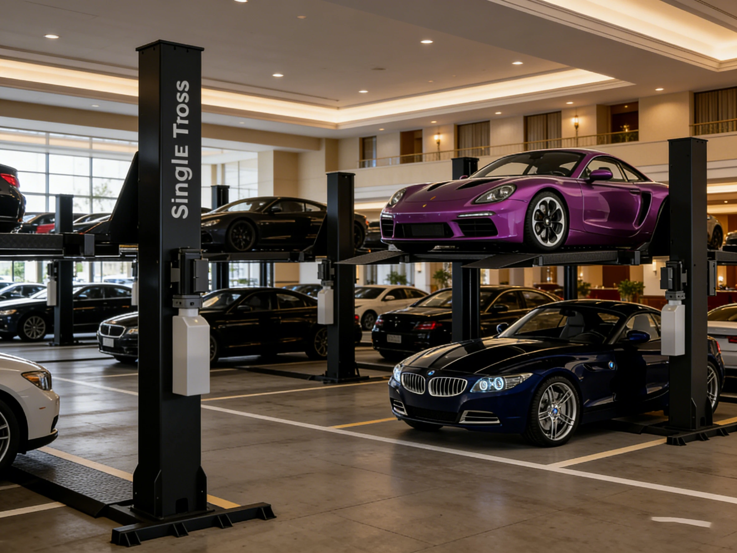Single post parking lift with two luxury cars in a modern luxury indoor garage, showcasing a space-efficient two-level parking solution.