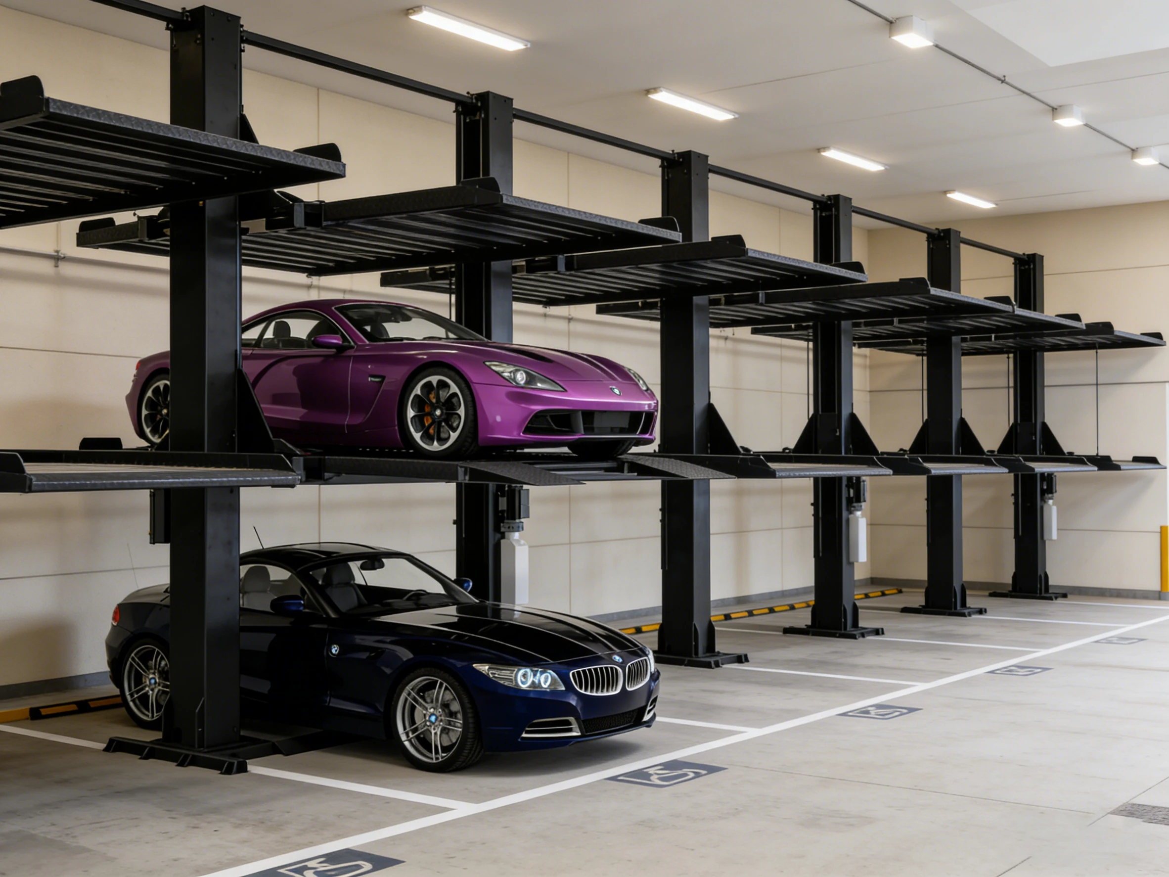 Single post parking lift with two cars in a modern underground parking garage, demonstrating efficient vertical parking.