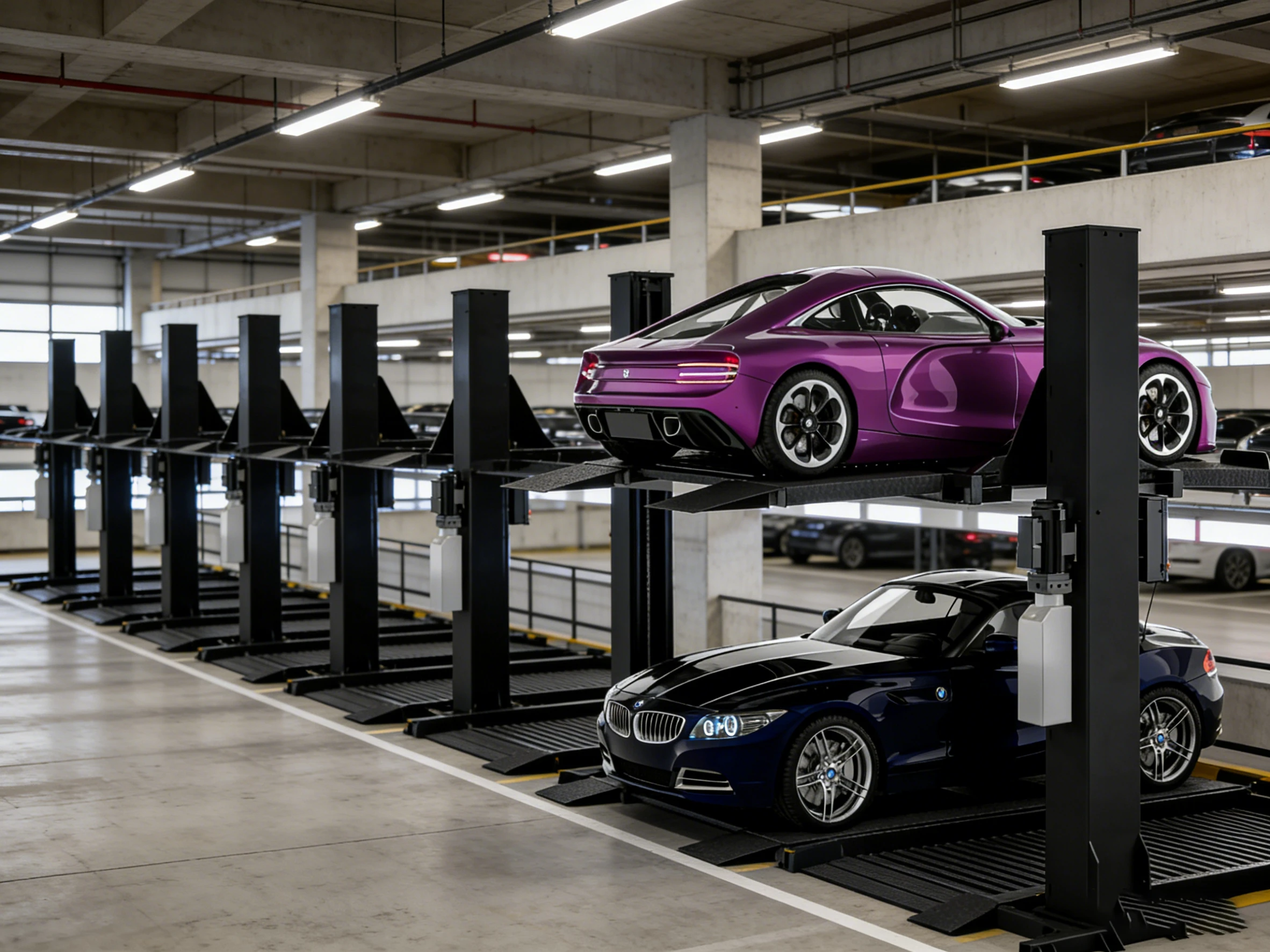 Single post parking lift with two luxury cars in a modern underground parking garage, showcasing a space-efficient two-level parking solution.