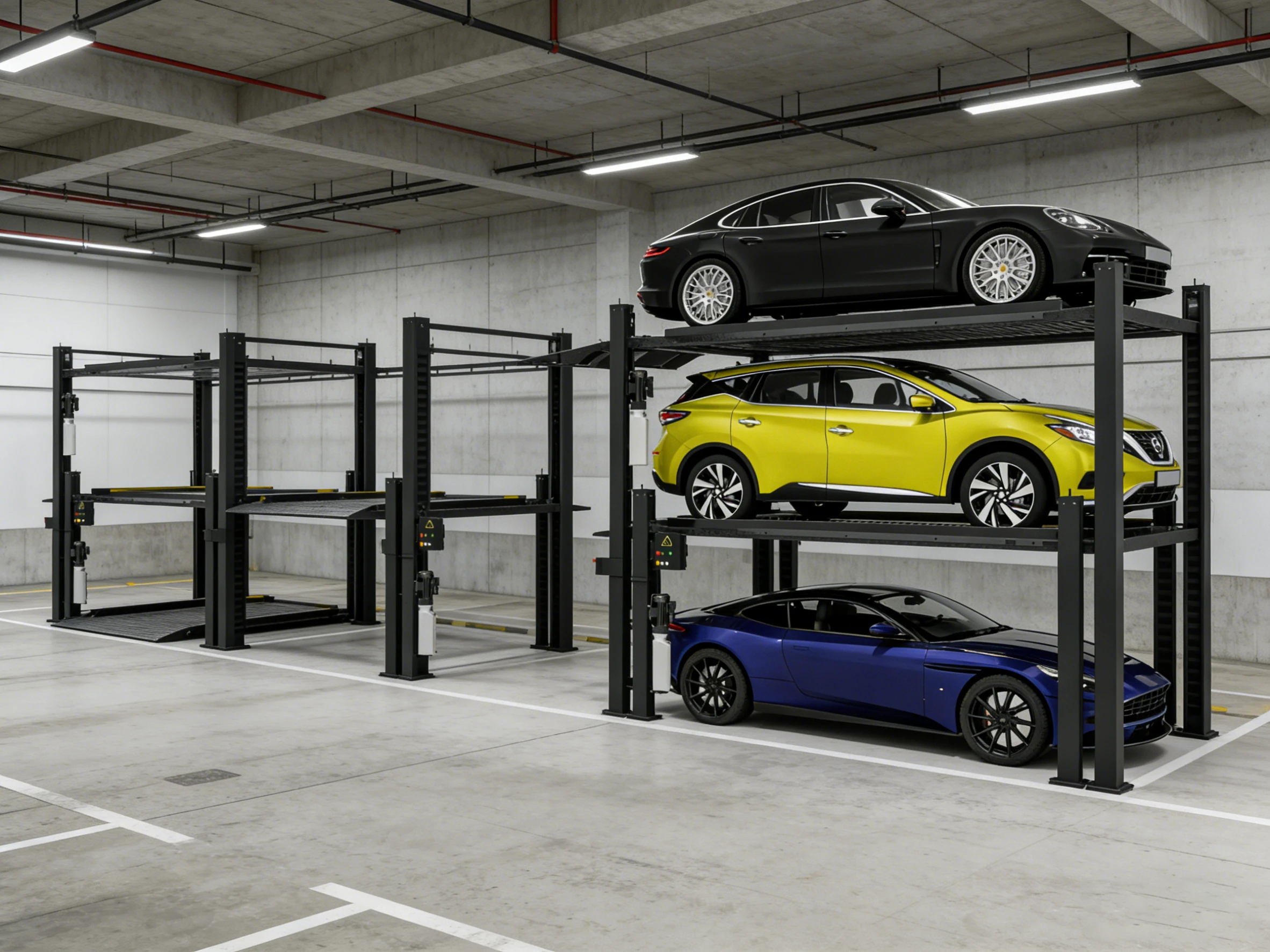 Triple stacker parking lift (PEP) with three cars in a multi-bay underground parking garage, a scalable space-saving parking solution.
