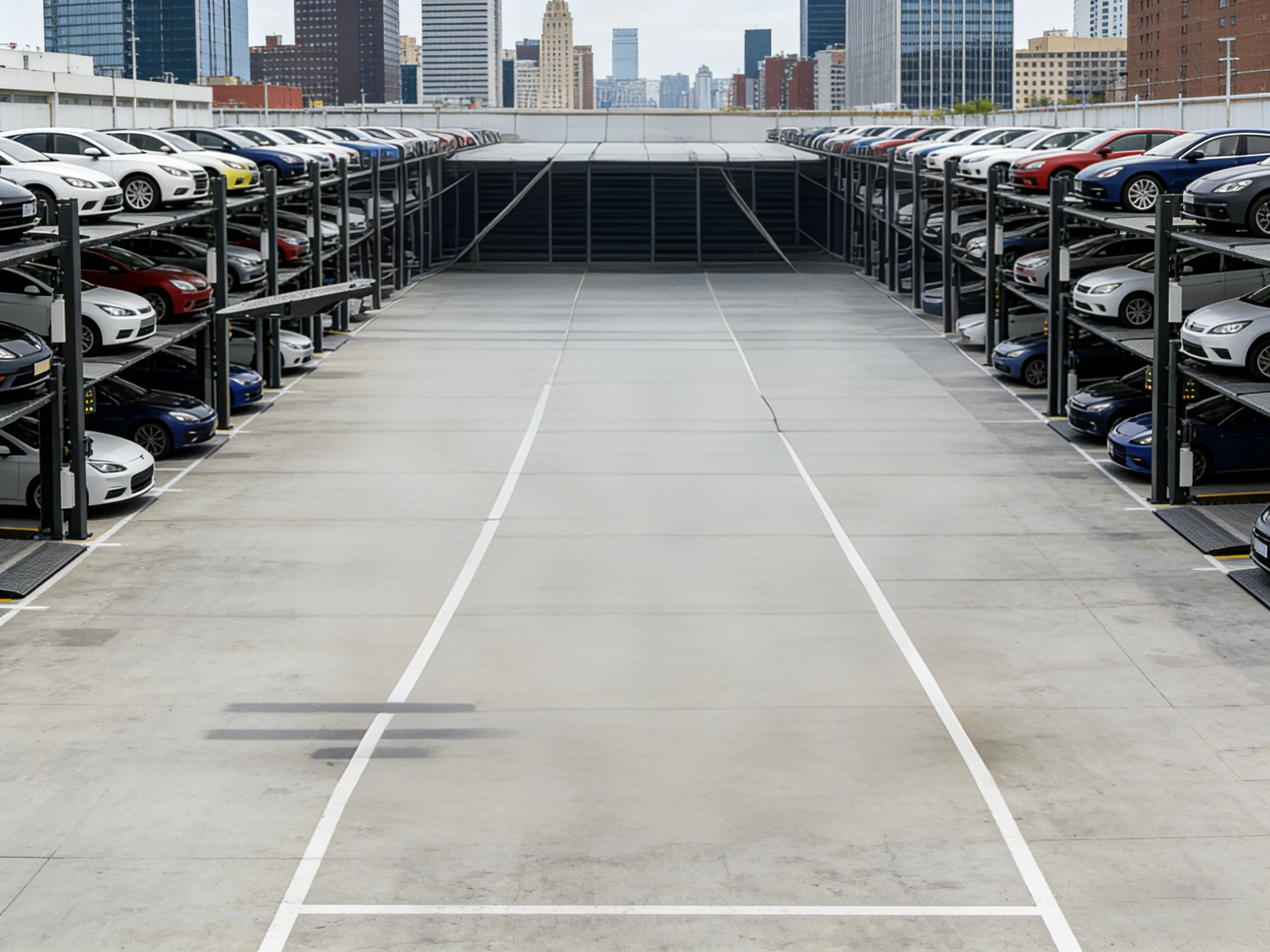 Triple stacker parking lift (PEP) system with cars in a city center parking facility, maximizing parking capacity in dense urban environments.