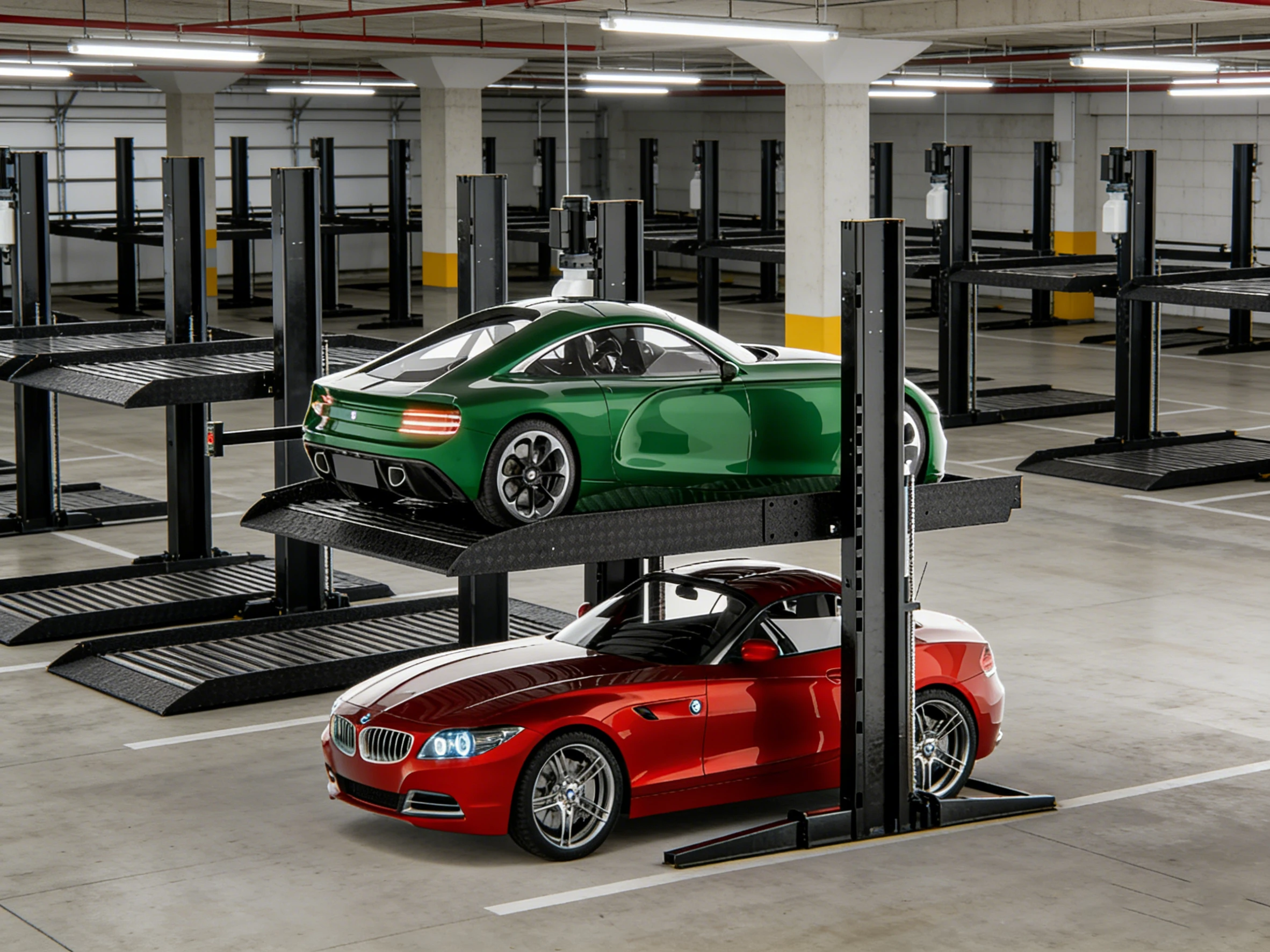 Two post parking lift with two luxury cars in a multi-bay underground parking garage, a scalable space-saving parking solution.`