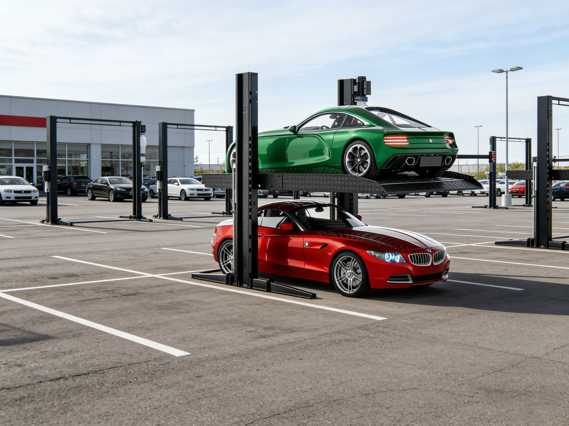 Two post parking lift with two cars in an outdoor commercial parking lot, showcasing a space-efficient two-level parking solution.