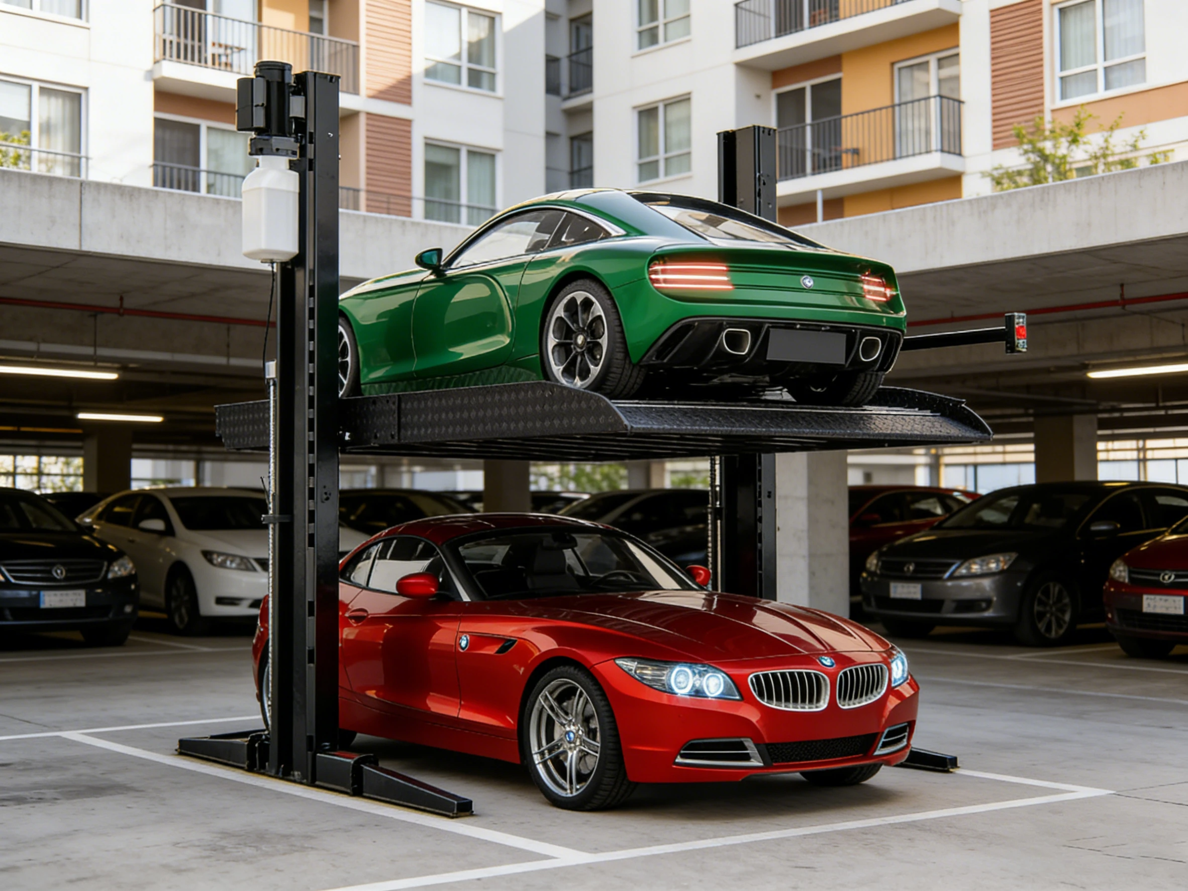 Two post parking lift with two cars in a residential underground parking garage, ideal for maximizing parking space in neighborhoods.