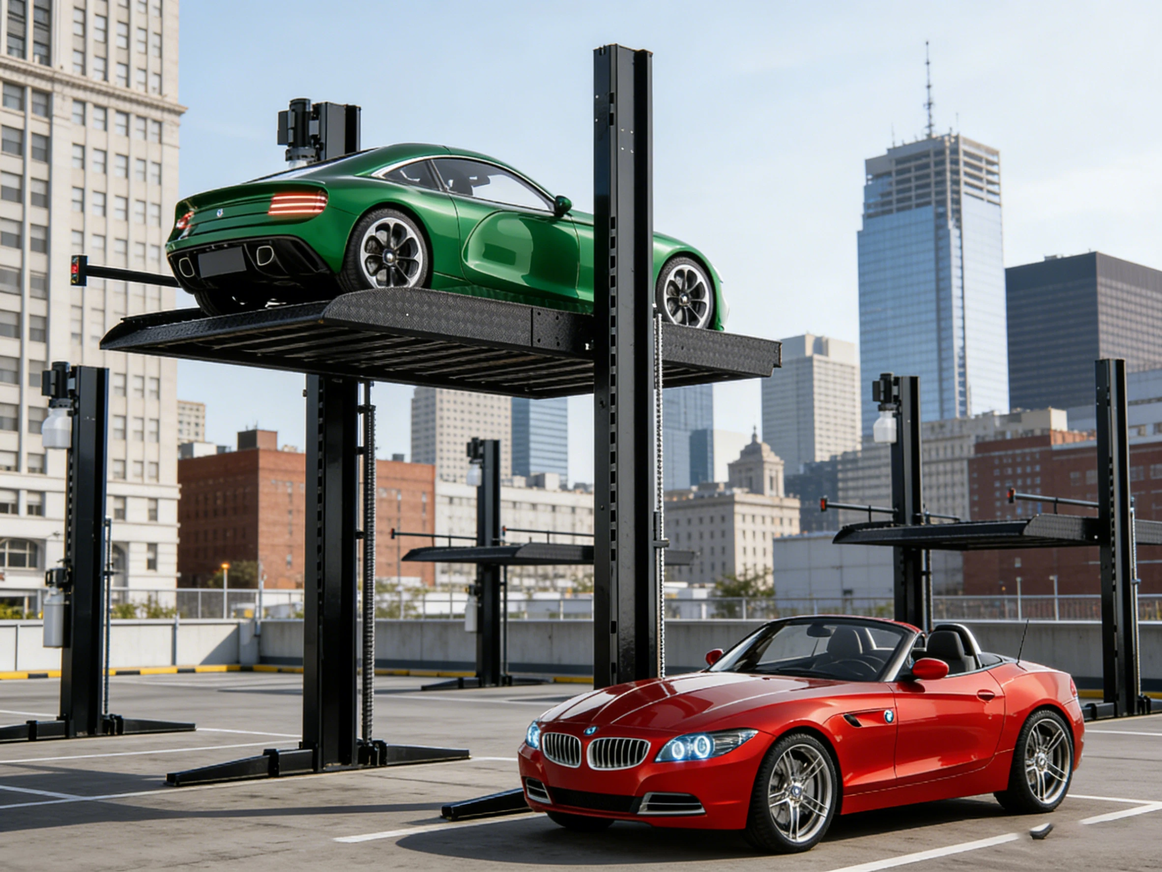 Two post parking lift with two cars in a city center parking facility, maximizing parking capacity in dense urban environments.
