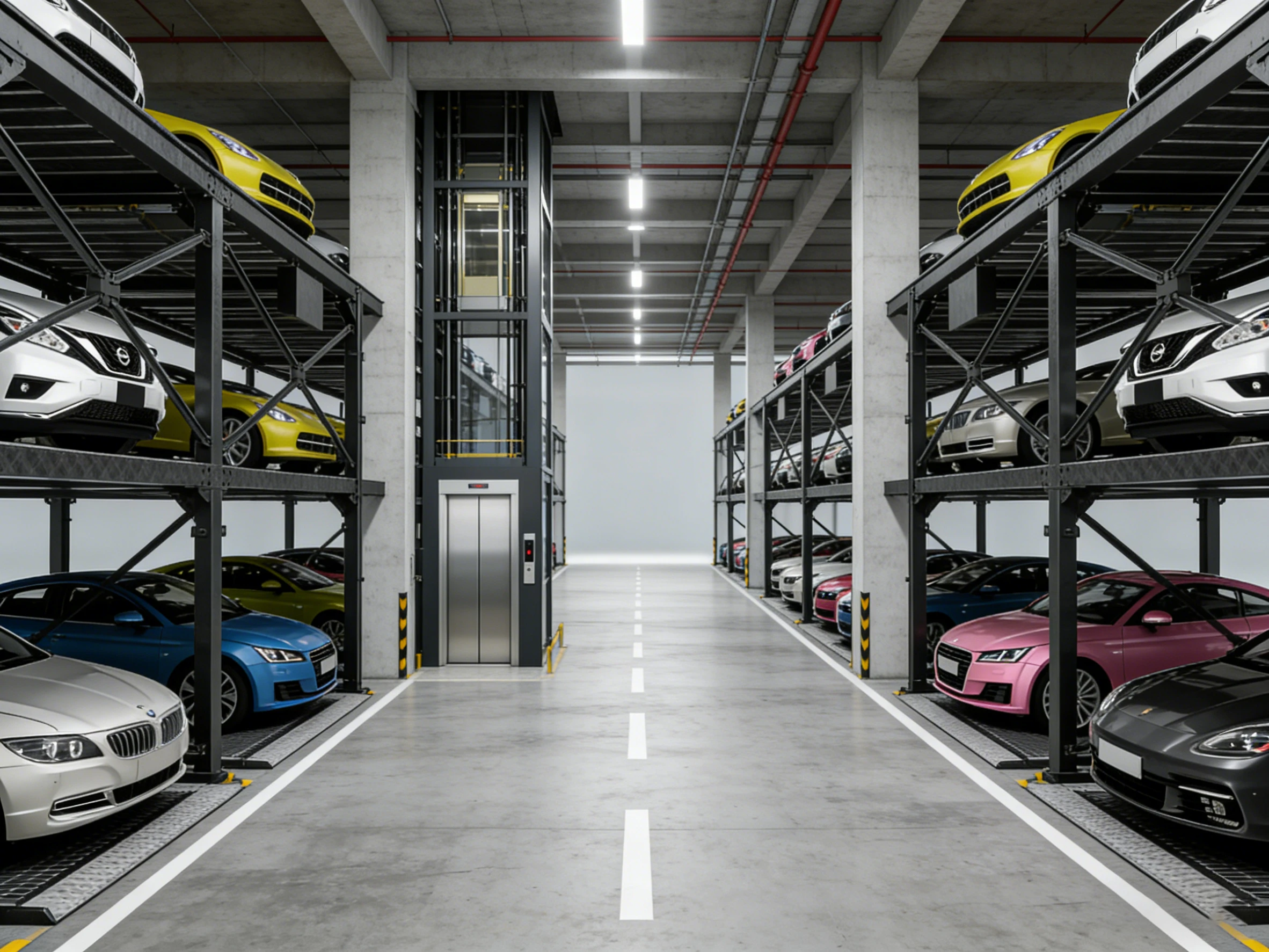 Double wide underground car parking lift system in a multi-level concrete parking garage, efficiently stacking colorful vehicles