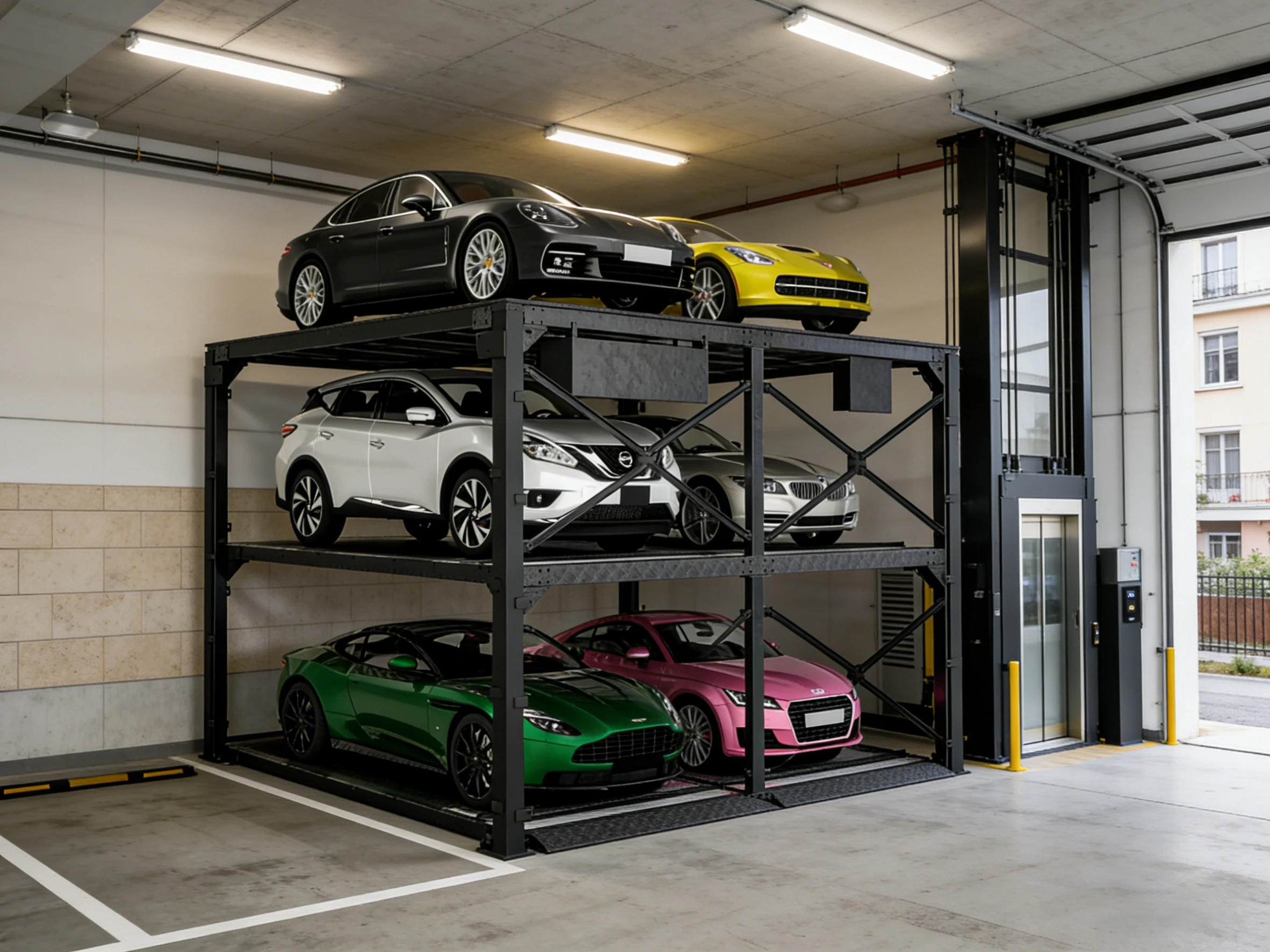Double wide underground car parking lift in an indoor garage, showcasing high-capacity multi-level vehicle storage with luxury cars