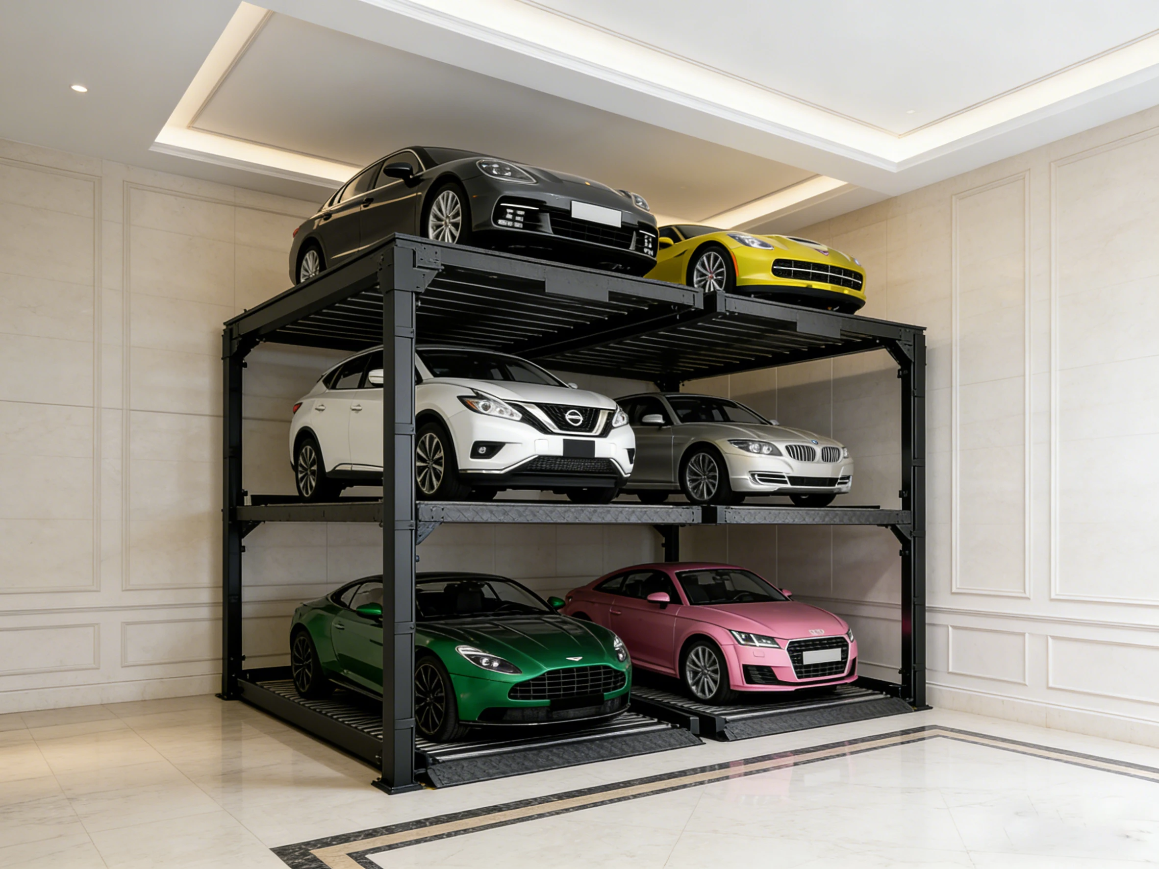 Double wide underground car parking lift installed in a luxury residential garage, providing premium multi-level vehicle storage solutions