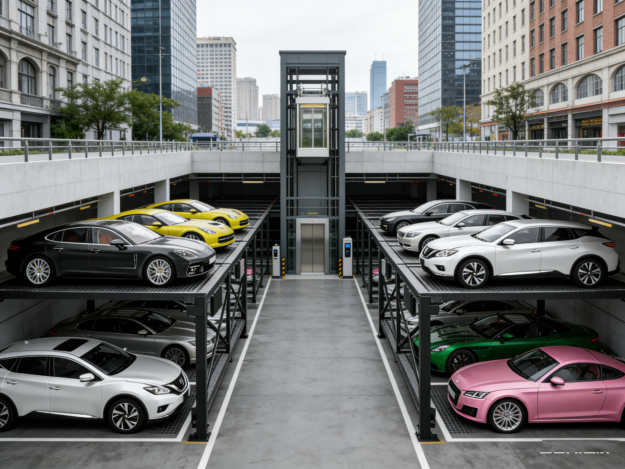 Double wide underground car parking lift with rooftop access in an urban setting, demonstrating space-saving vertical parking technology