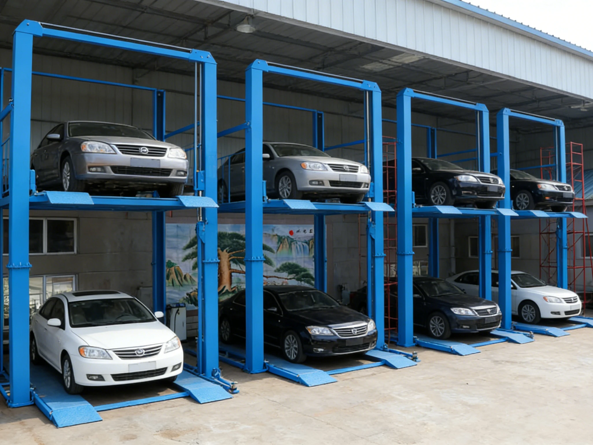 Blue four-post car elevators in a covered workshop, showcasing space-saving vertical car storage for multiple vehicles