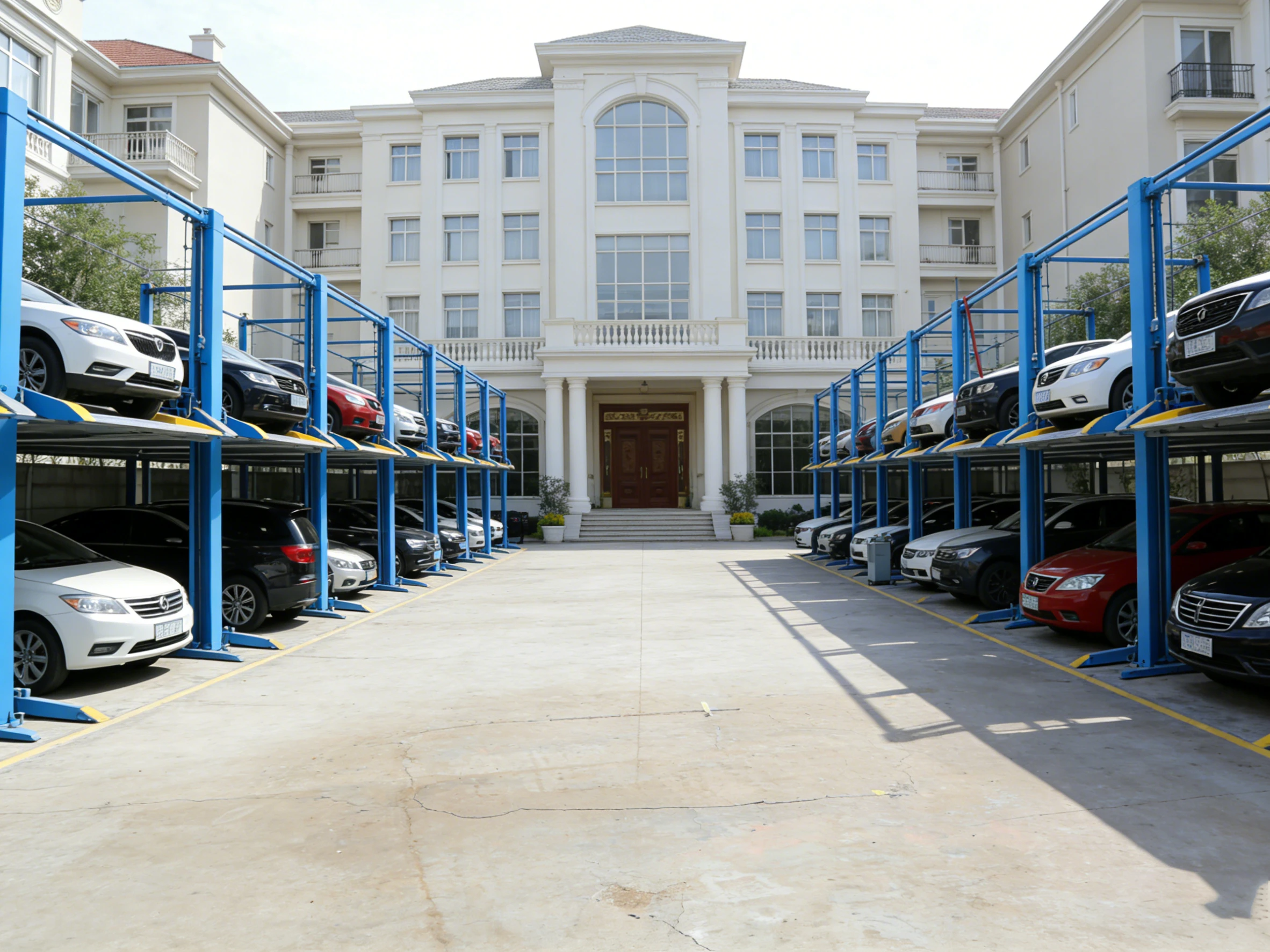 Blue four-post car elevators installed in a luxury residential courtyard, providing high-capacity vehicle storage solutions