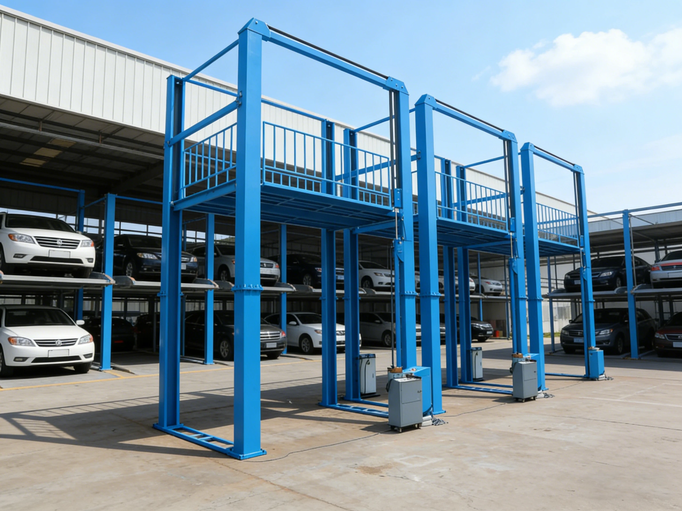 Blue four-post car elevators installed at an outdoor factory facility, efficiently stacking vehicles in a multi-level parking setup·