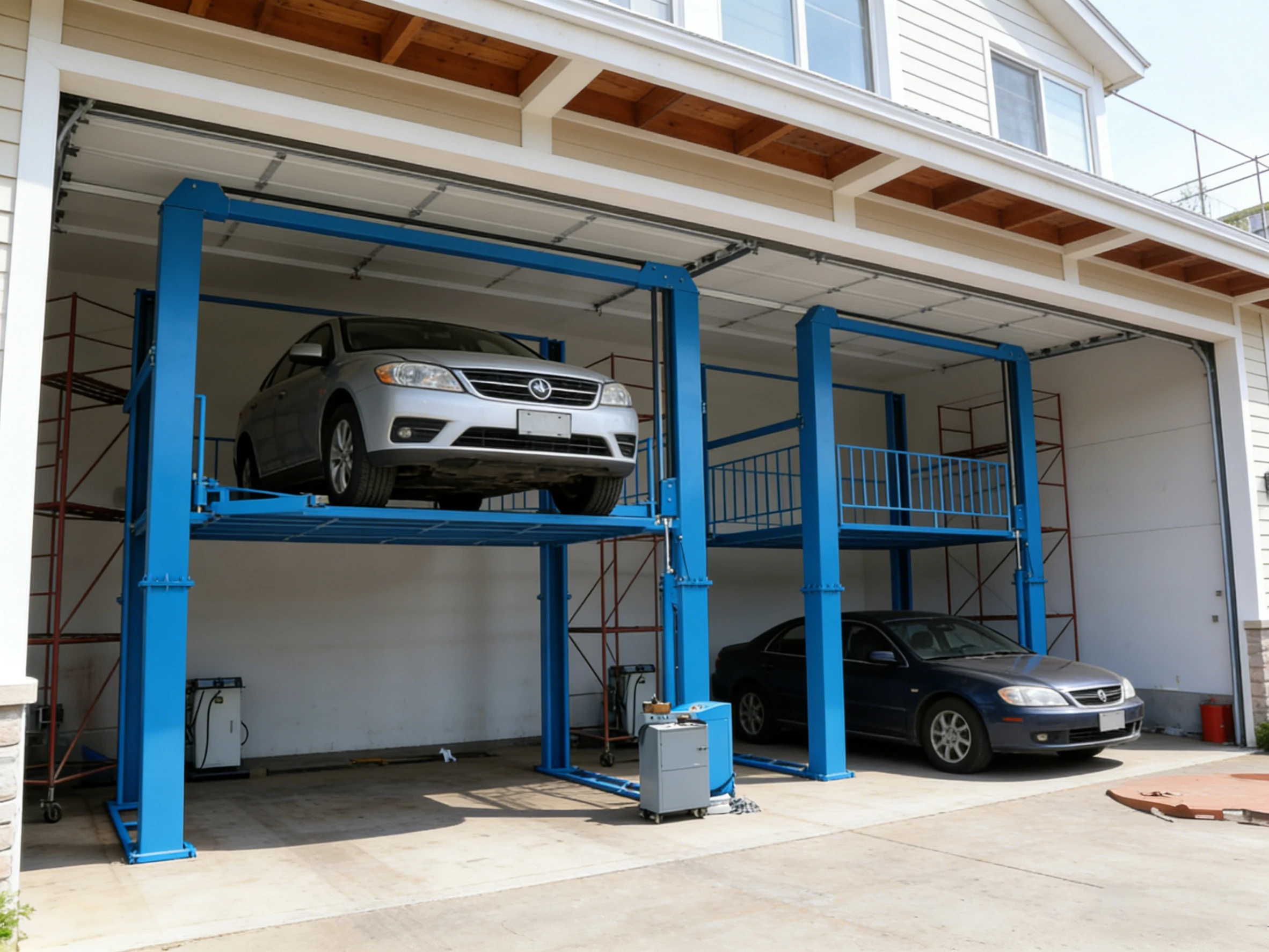 Blue four-post car elevator in a residential garage, demonstrating space-saving vertical parking technology for personal vehicles