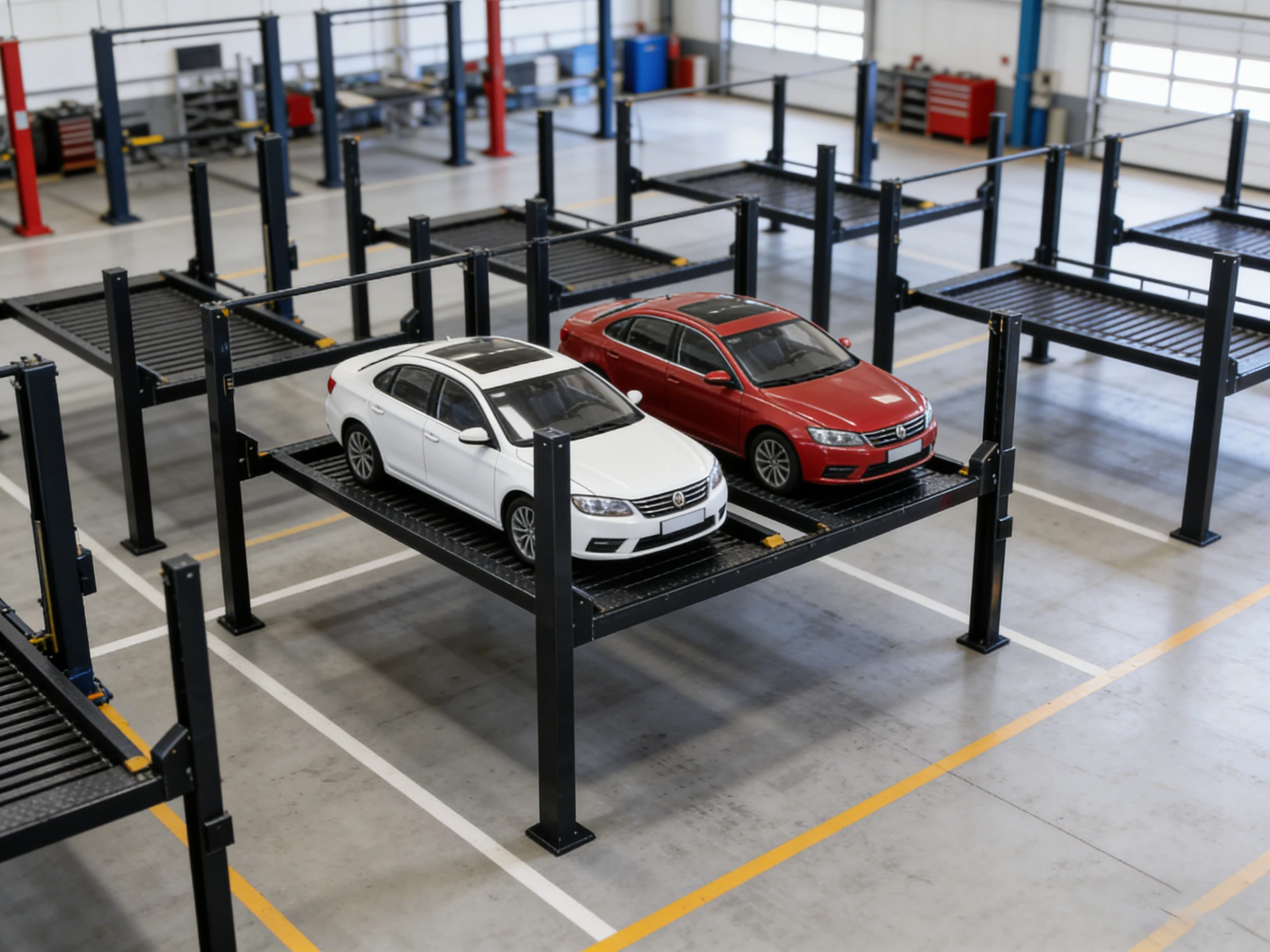 Four-post parking lift with double car capacity in an indoor workshop, demonstrating high-efficiency vertical parking technology