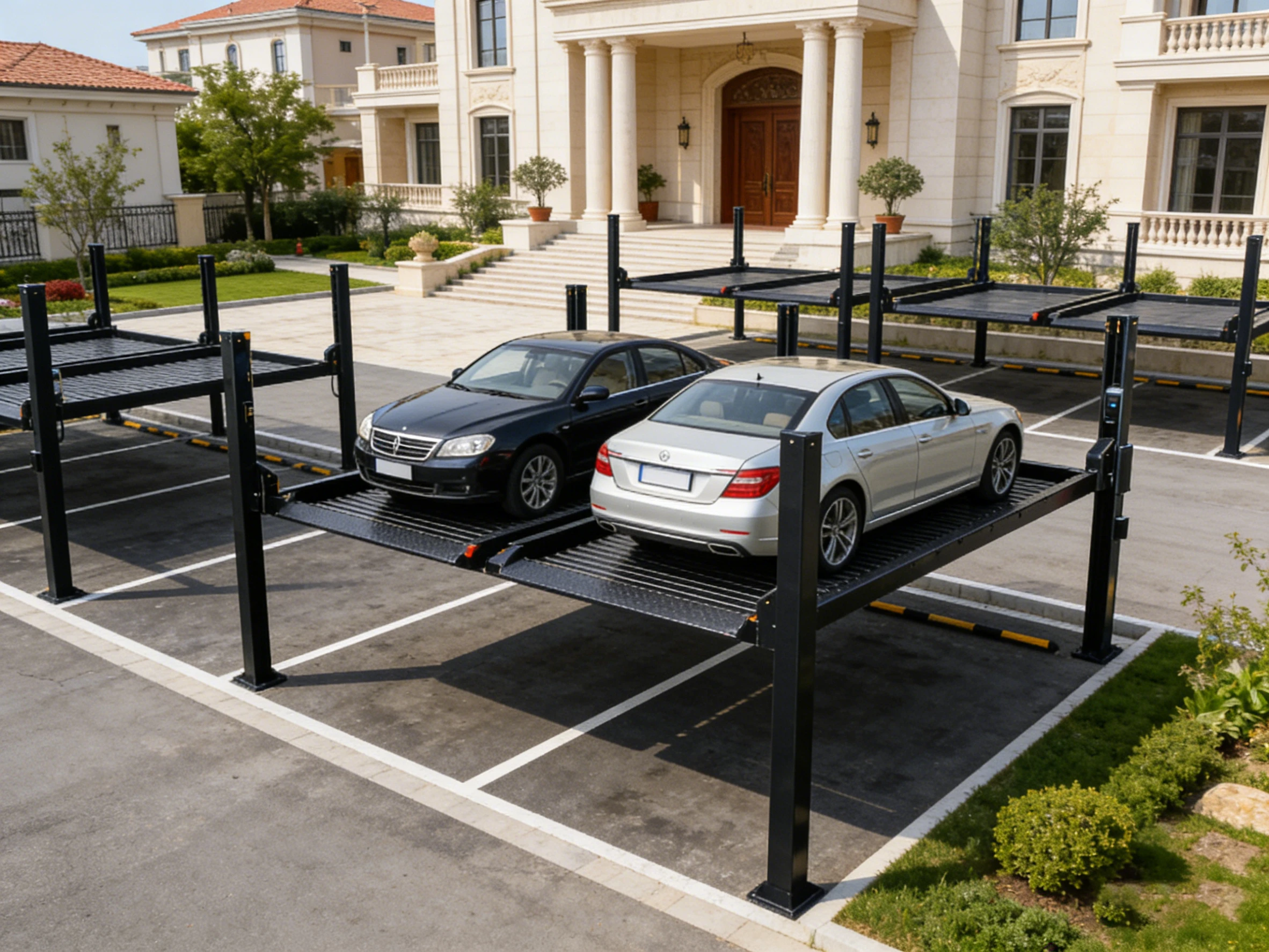 Four-post parking lift with double car capacity in a luxury residential courtyard, providing premium vehicle storage solutions