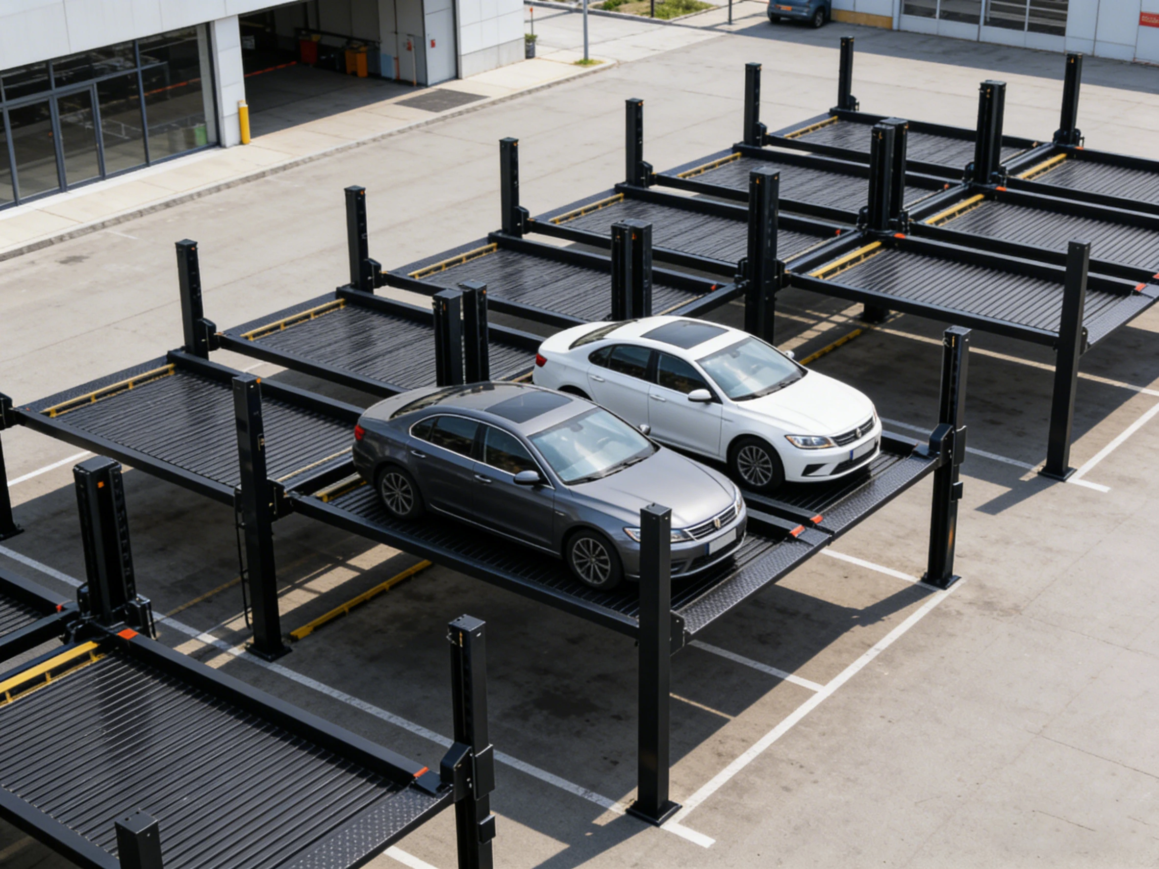 Array of four-post parking lifts with double car capacity in an outdoor commercial parking facility, maximizing space utilization