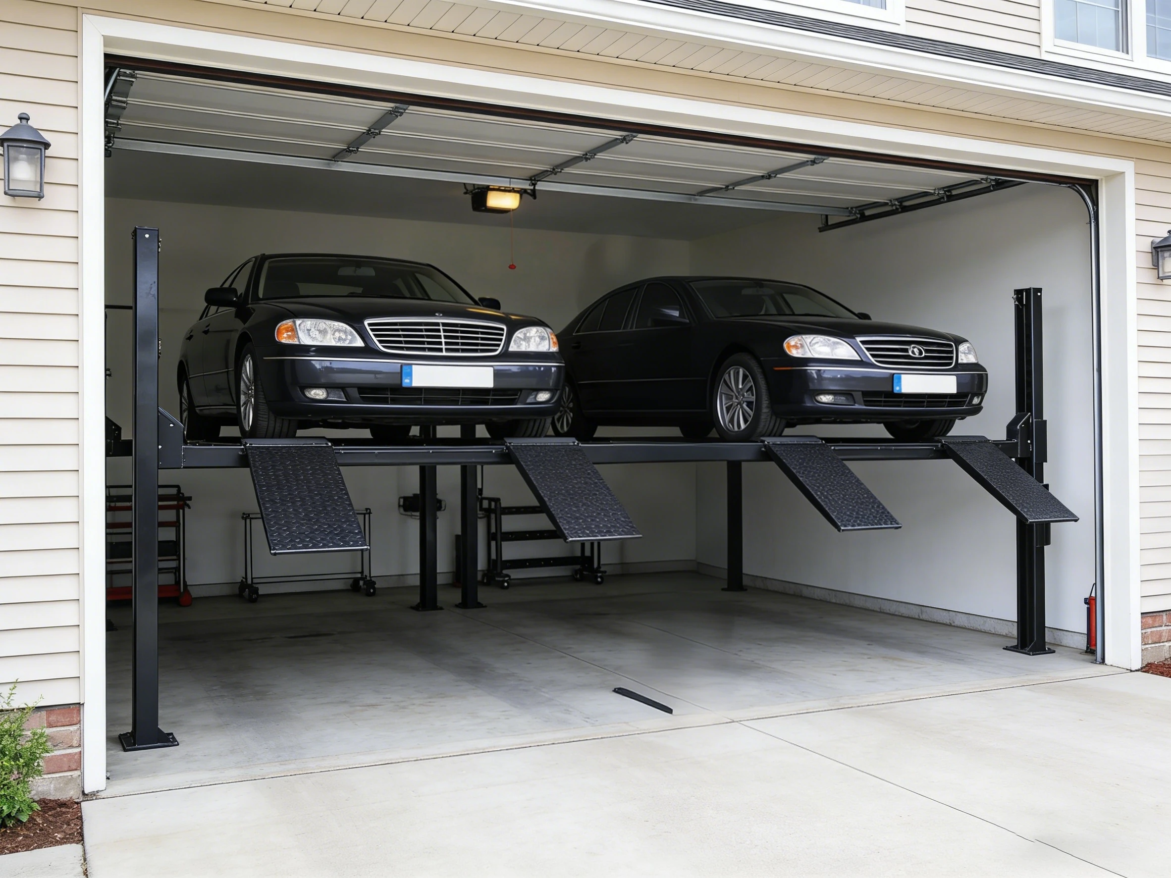 Four-post parking lift with double car capacity installed in a residential garage, showcasing space-saving vertical storage