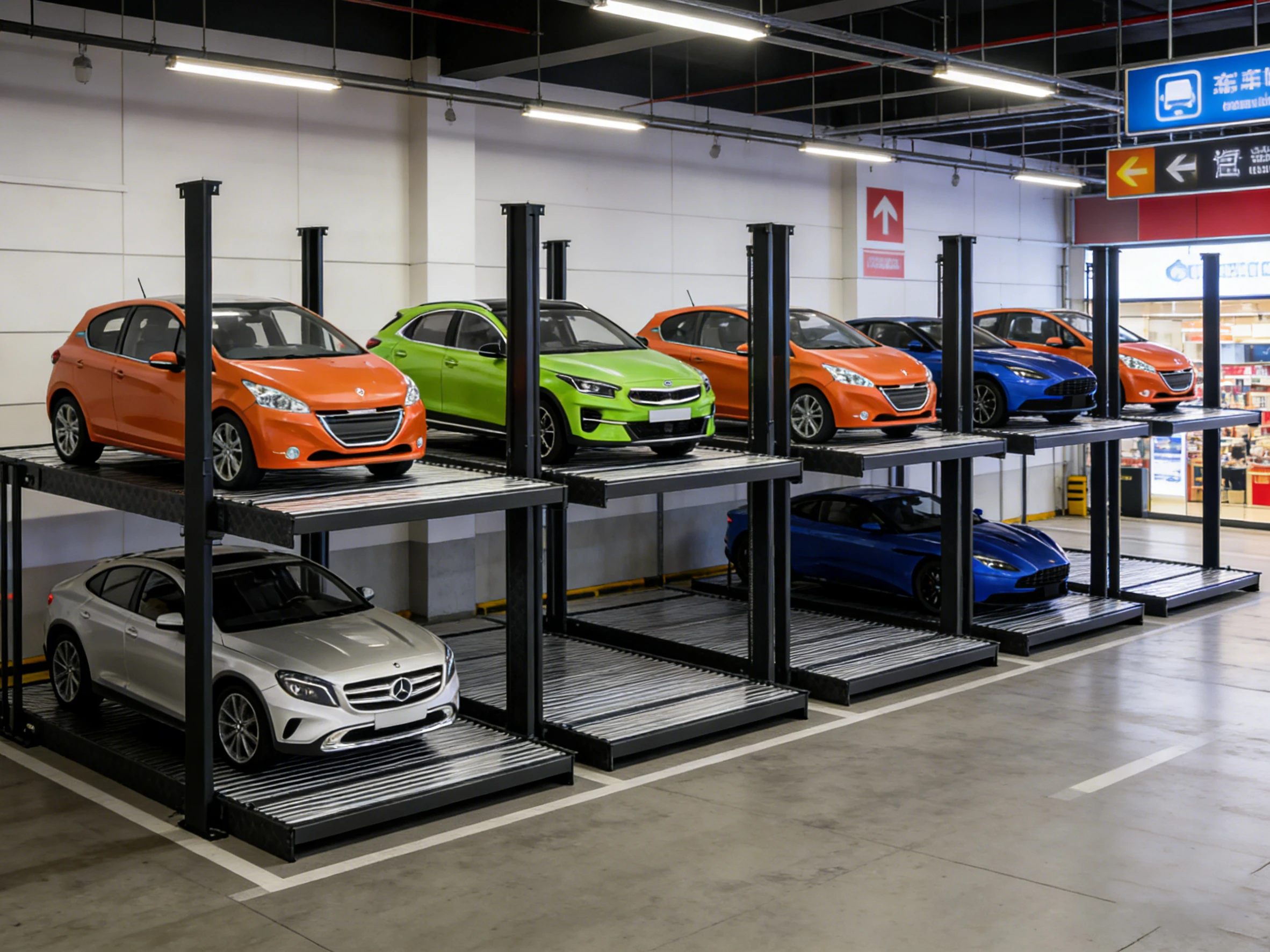 Row of underground 2-post parking lifts in an indoor parking garage, showcasing space-saving vertical car storage