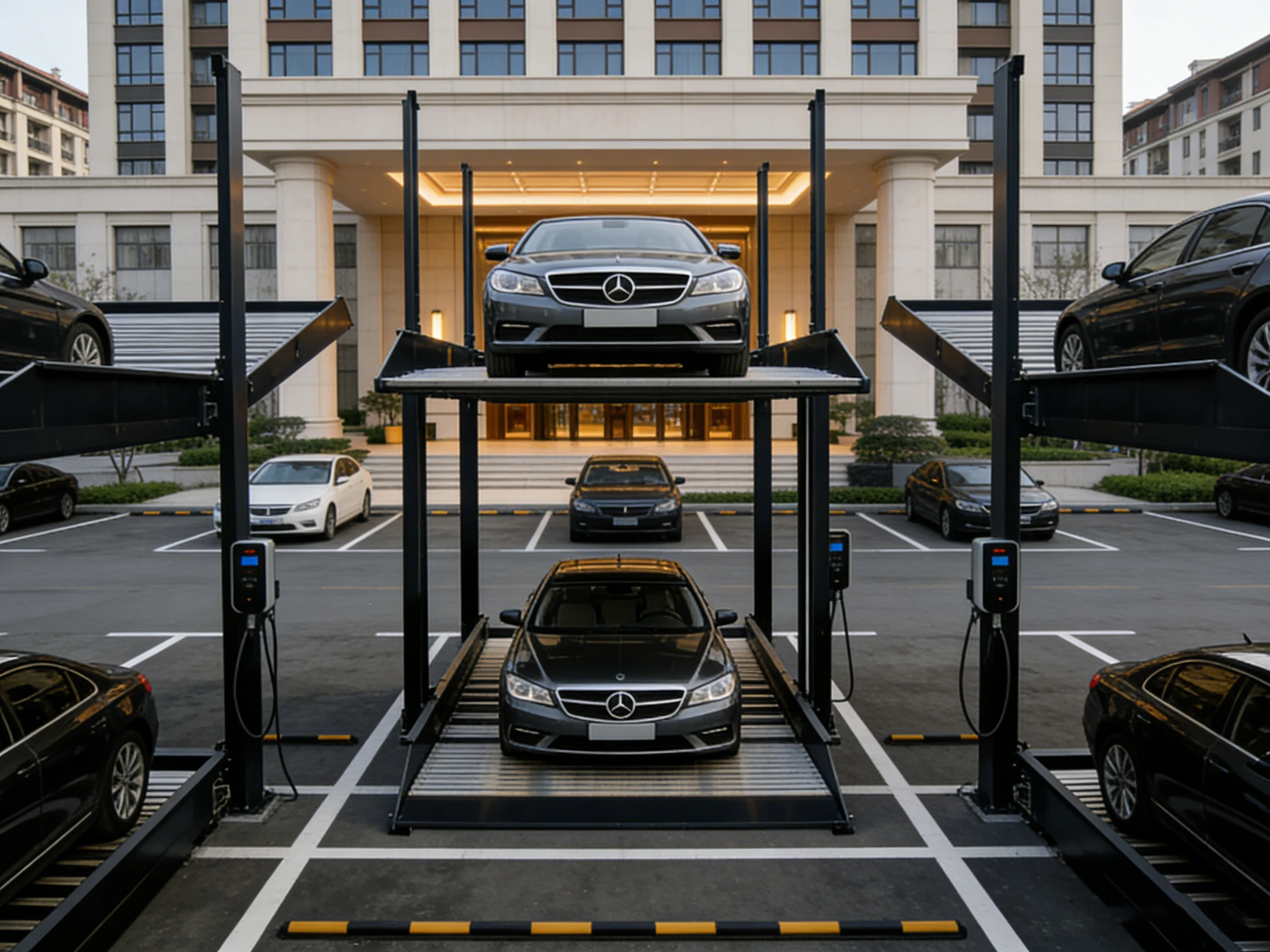 Underground 2-post parking lift at a luxury residential entrance, providing premium vertical parking solutions for high-end vehicles