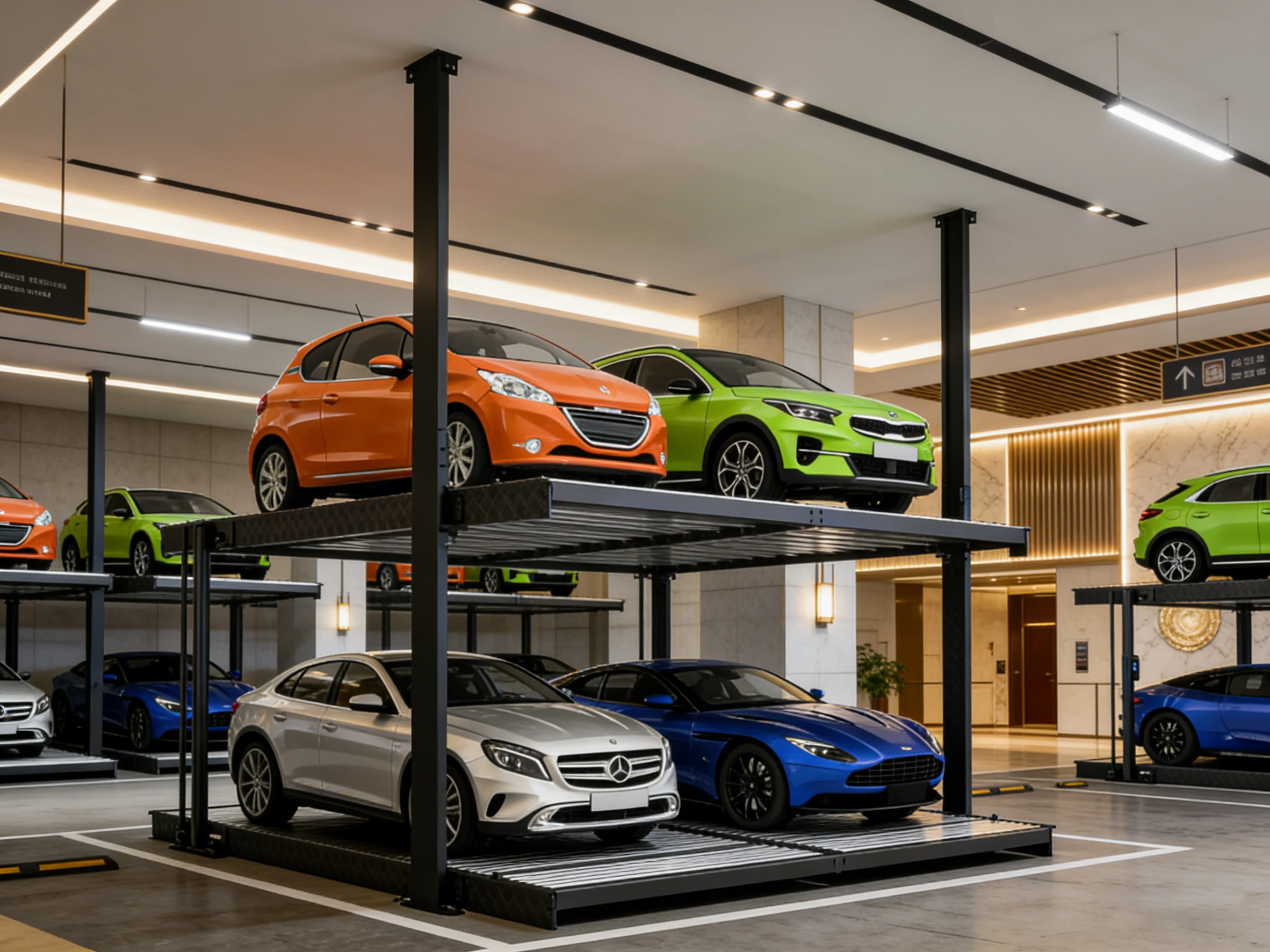 Underground 2-post parking lift system in a modern commercial atrium, efficiently stacking colorful vehicles in a multi-level parking setup