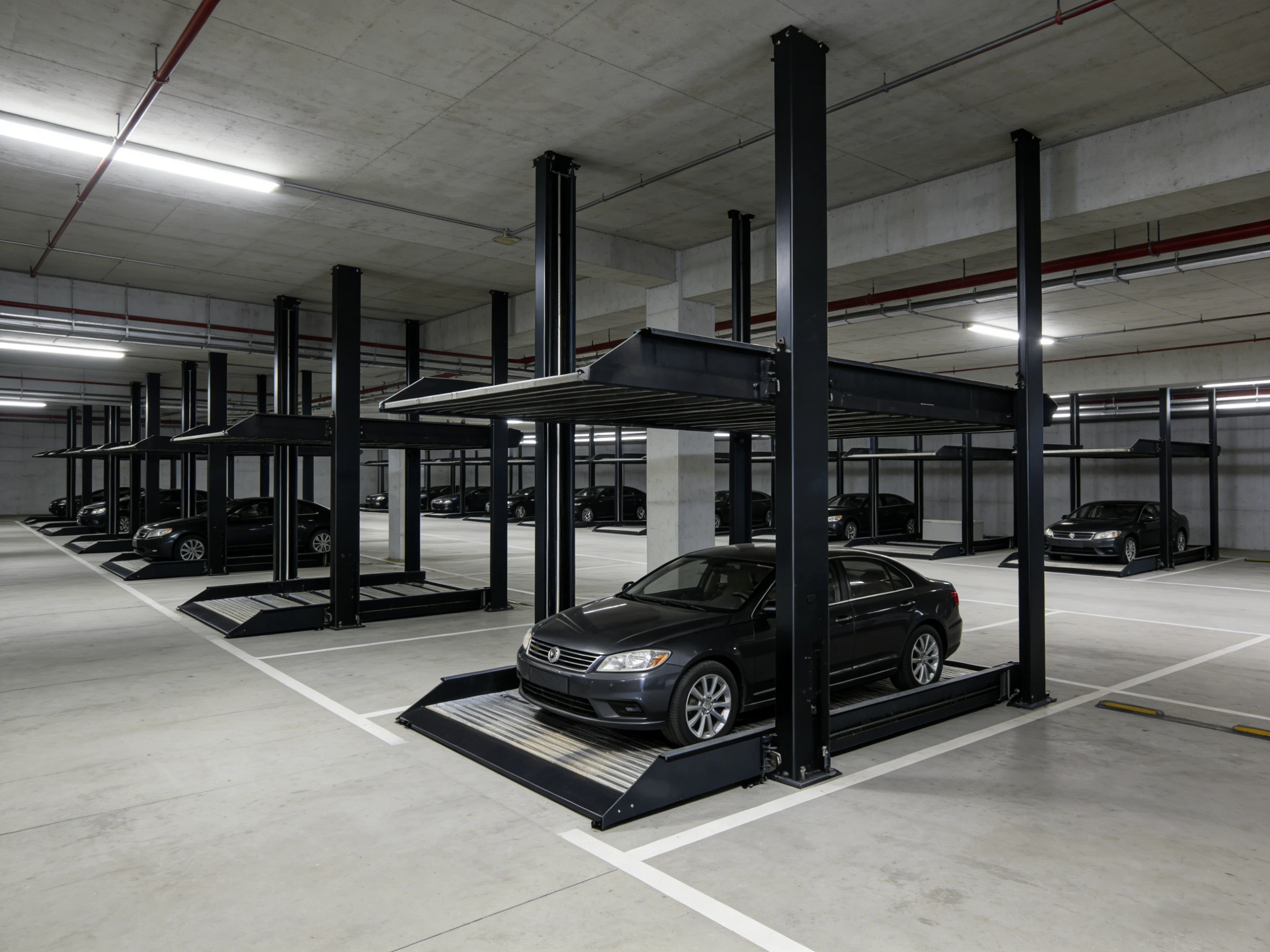 Row of underground 2-post parking lifts in a concrete underground garage, demonstrating high-capacity vehicle storage