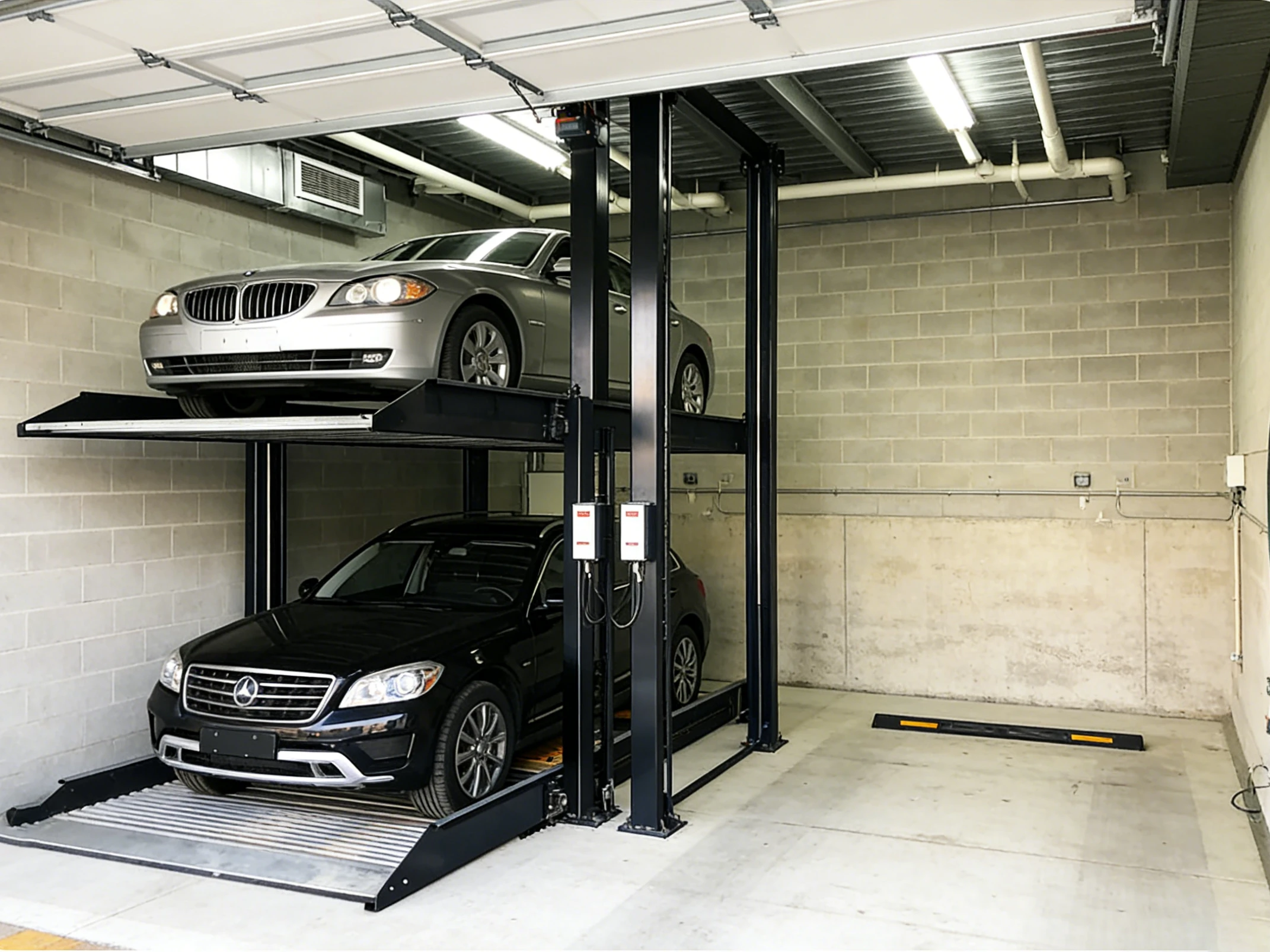 Underground 2-post parking lift in a residential garage, showcasing space-saving vertical car storage for premium vehicles