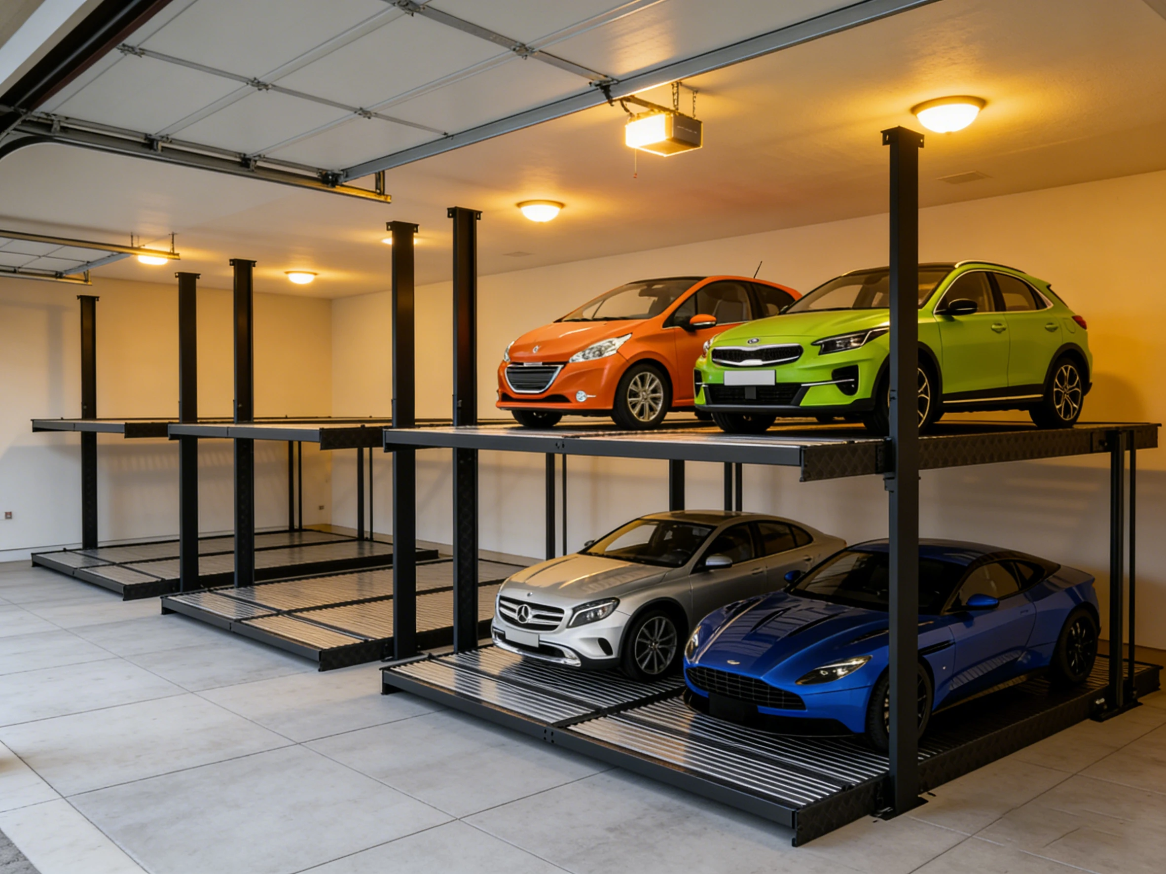 Underground 2-post parking lift in a residential garage, providing high-capacity vehicle storage for luxury cars