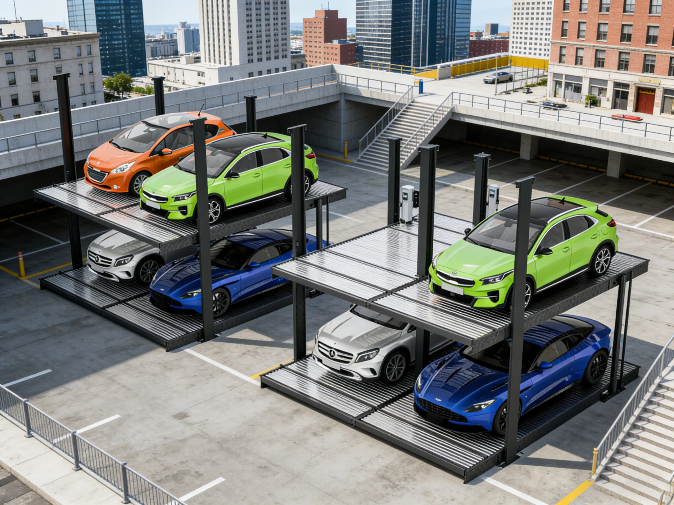 Underground 2-post parking lifts installed on a rooftop parking deck, with city skyline in the background