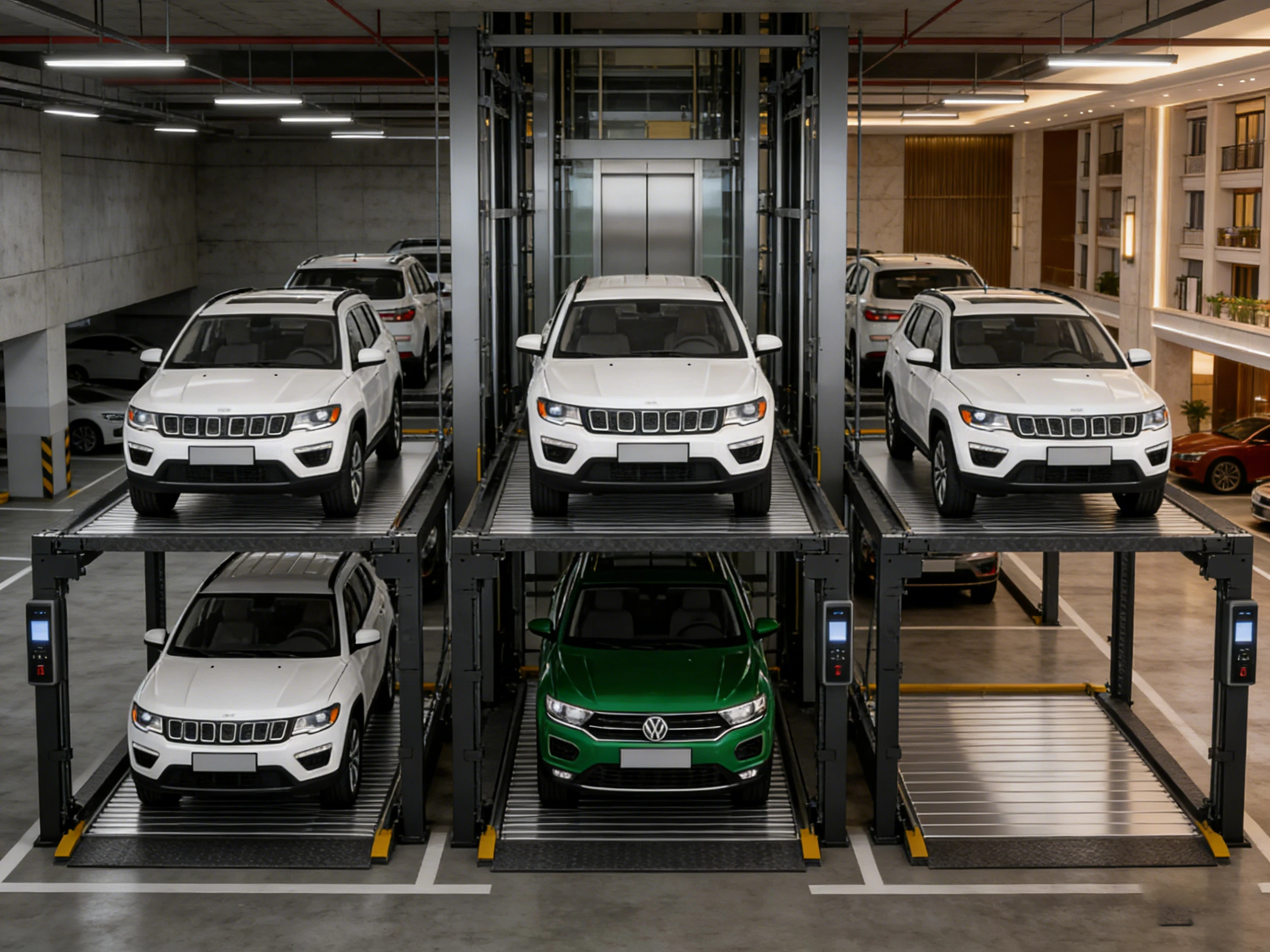 Automated underground parking lift system with multiple units, demonstrating space-saving vertical parking technology