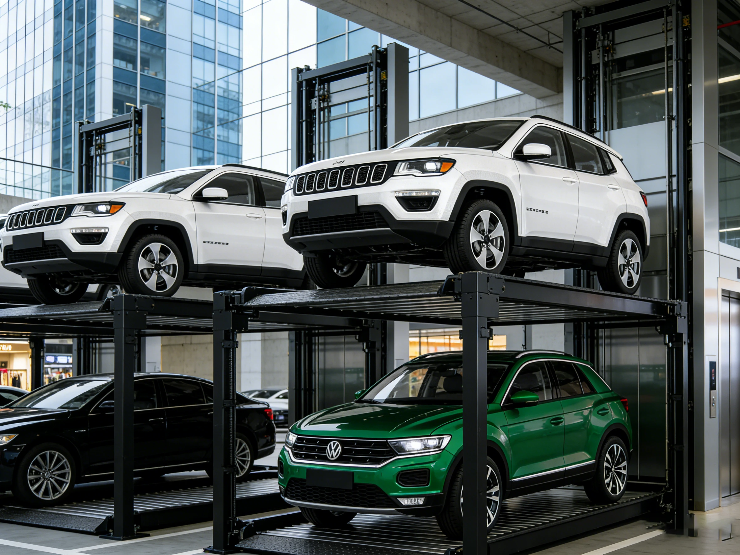 Underground parking lift in a commercial urban setting, with glass skyscrapers in the background, showcasing vertical car storage