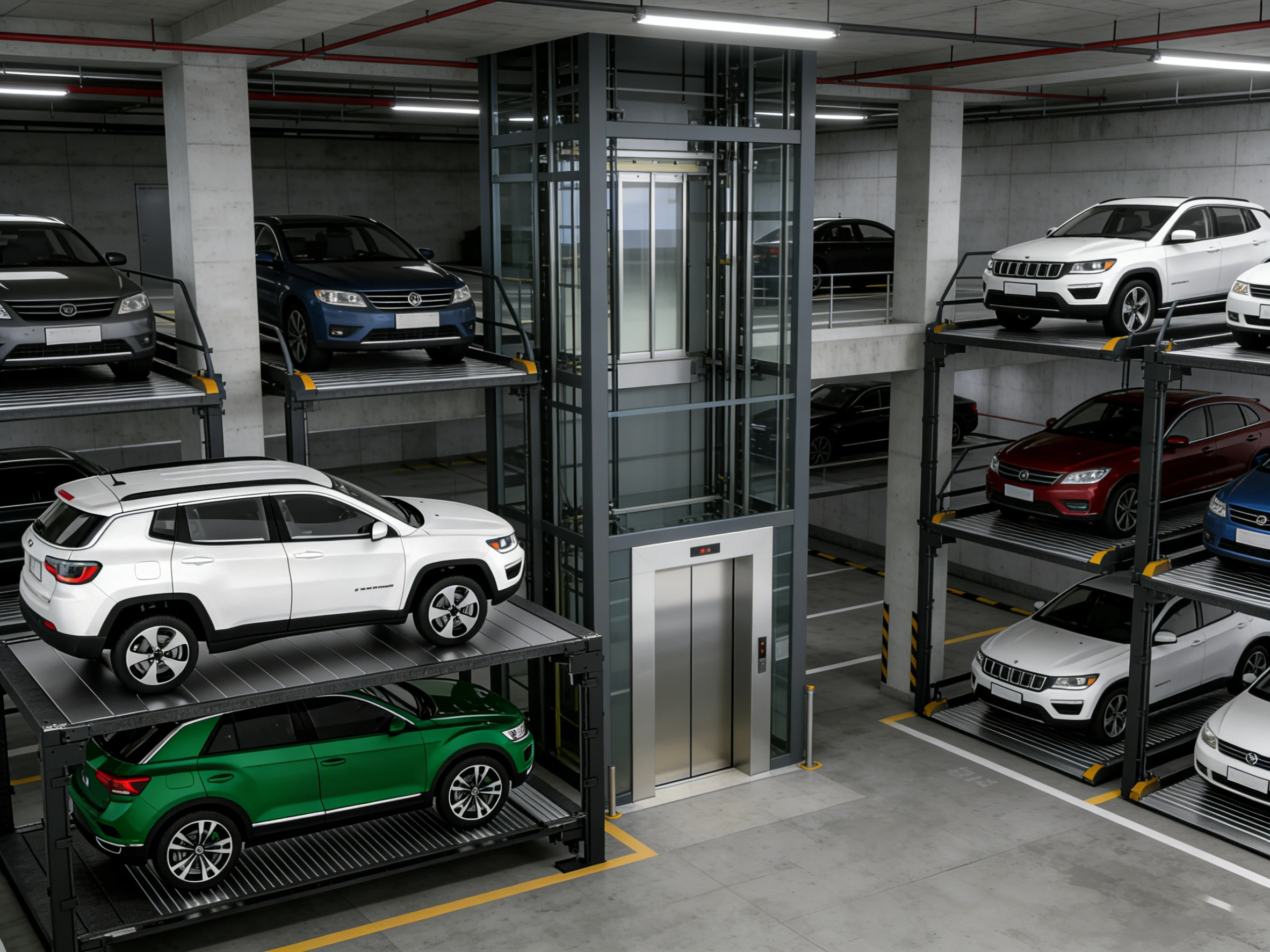 Multi-level underground parking lift system in a concrete garage, with a central elevator for vehicle access