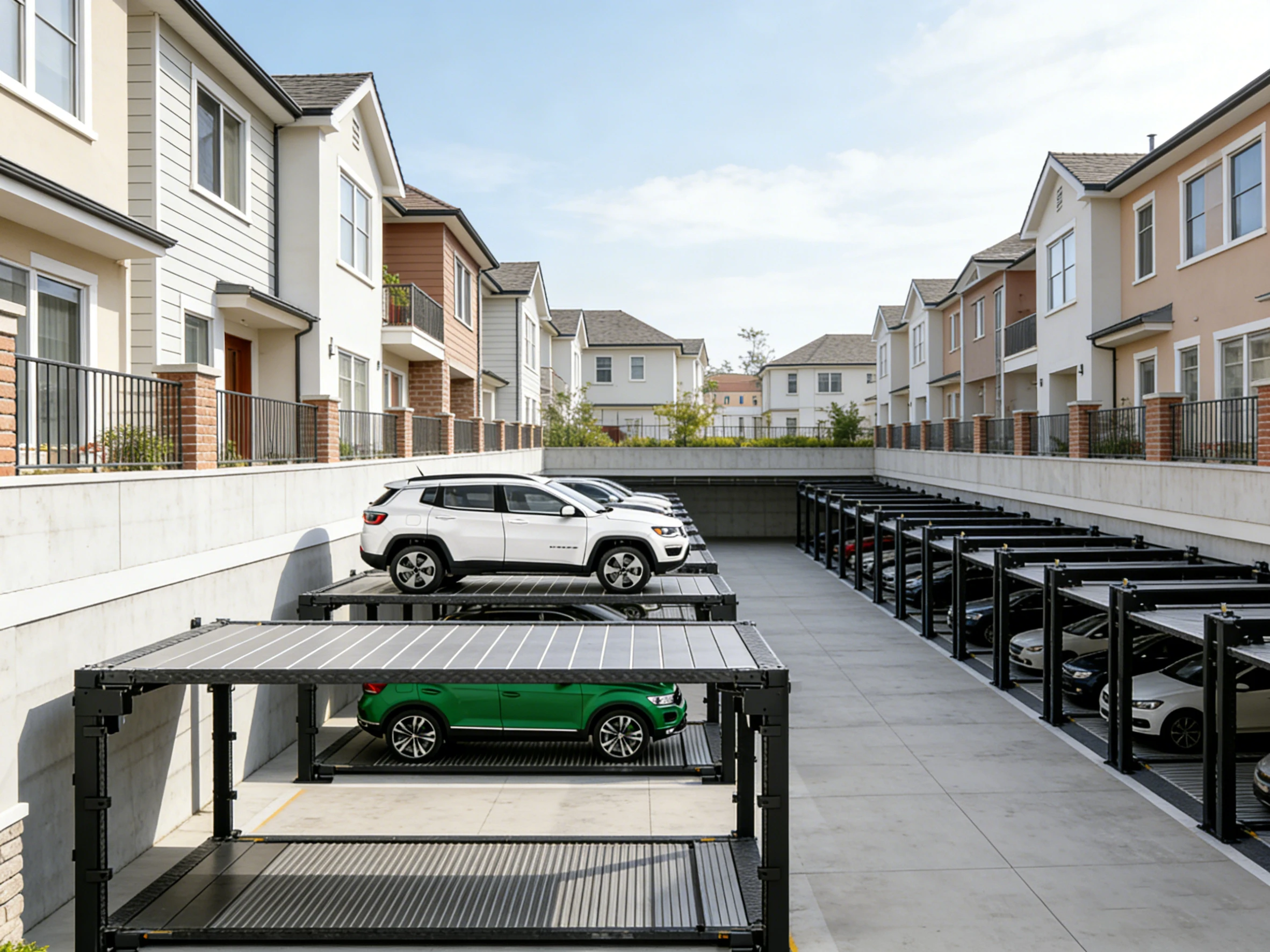 Underground parking lift system in a modern residential complex, efficiently stacking vehicles in a sunken parking area