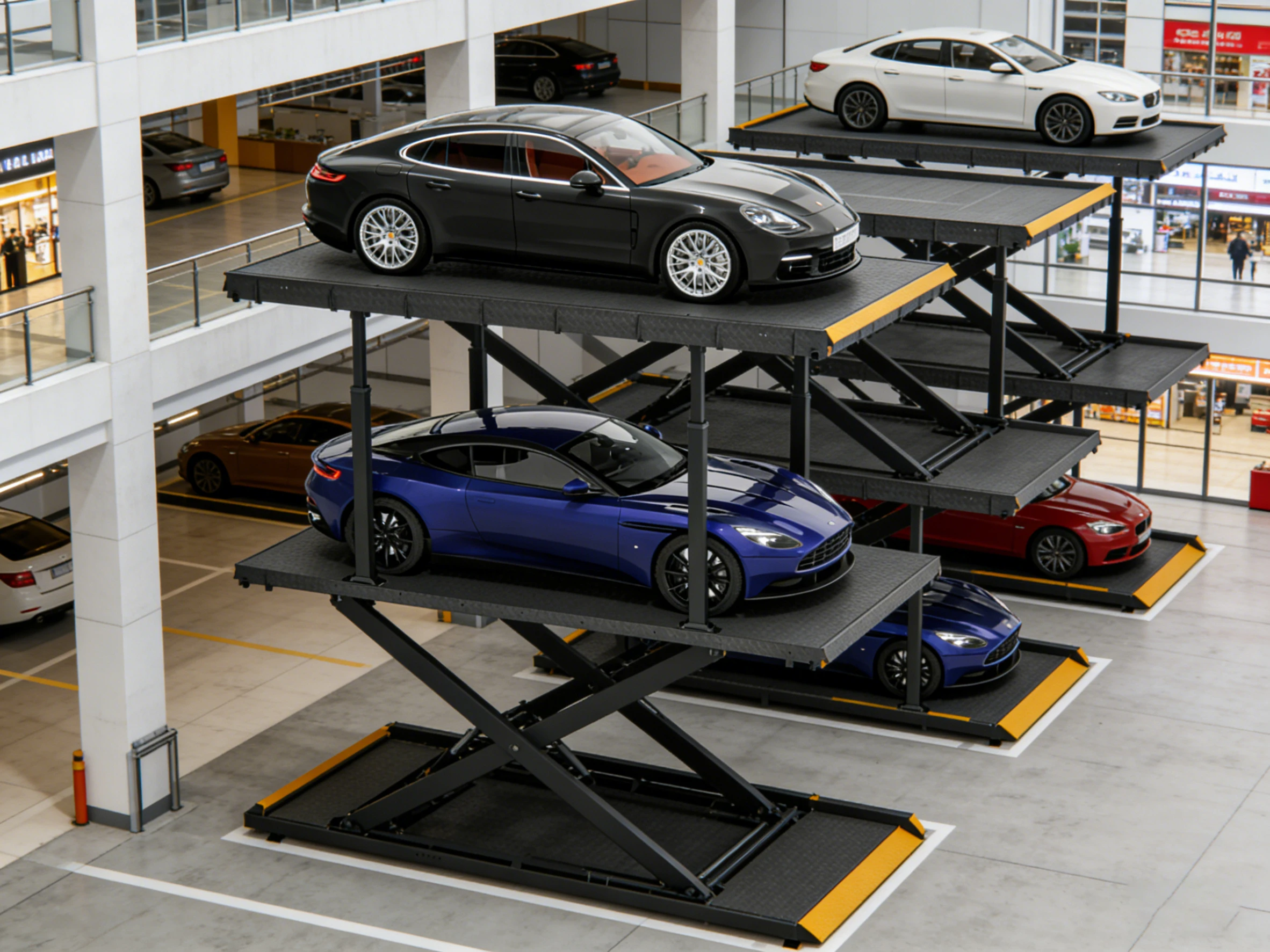 Underground scissor parking lift system in a modern commercial atrium, showcasing multi-level car storage with luxury vehicles