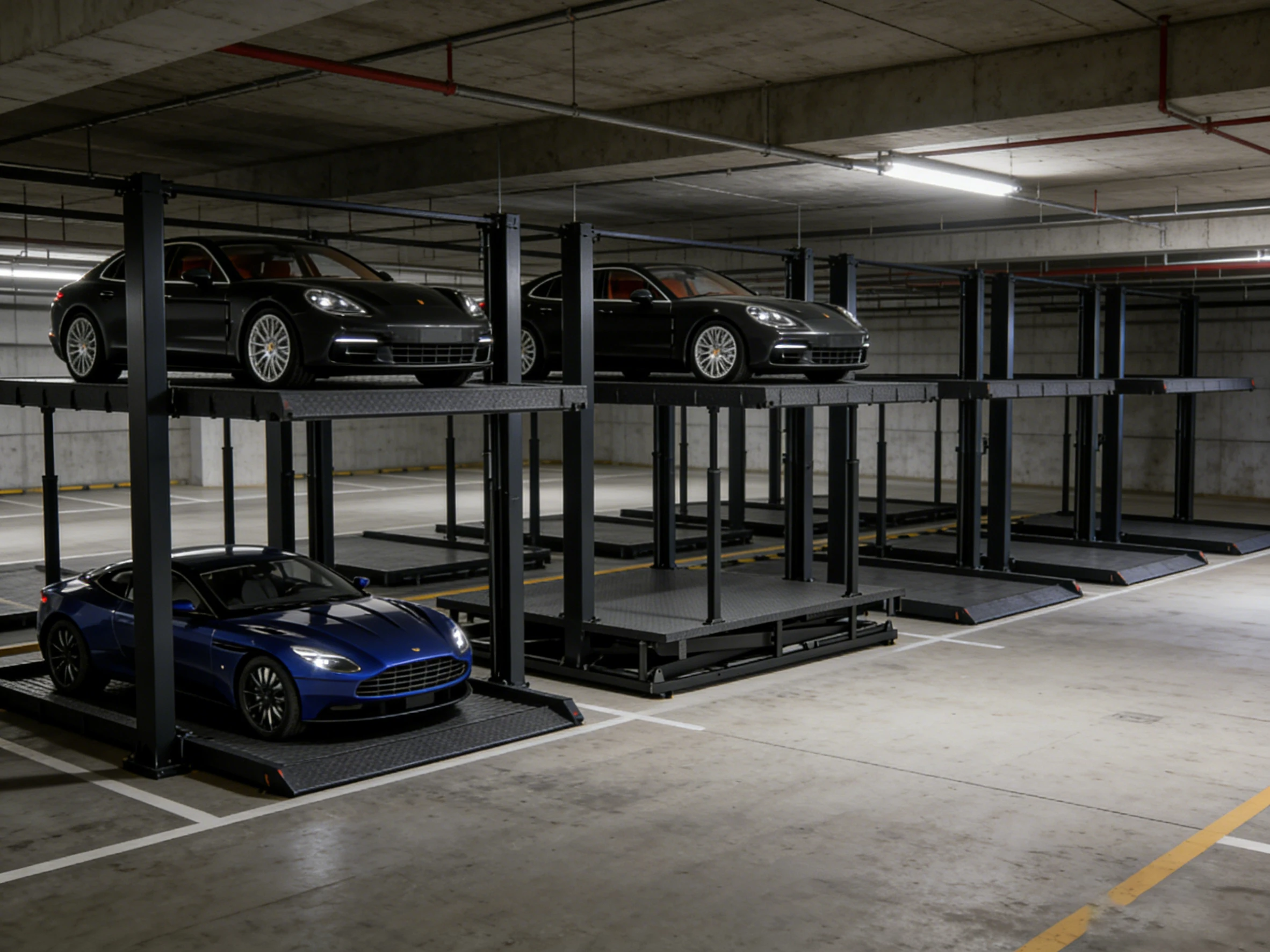 Row of underground scissor parking lifts in an empty concrete parking garage, demonstrating space-saving vertical parking technology