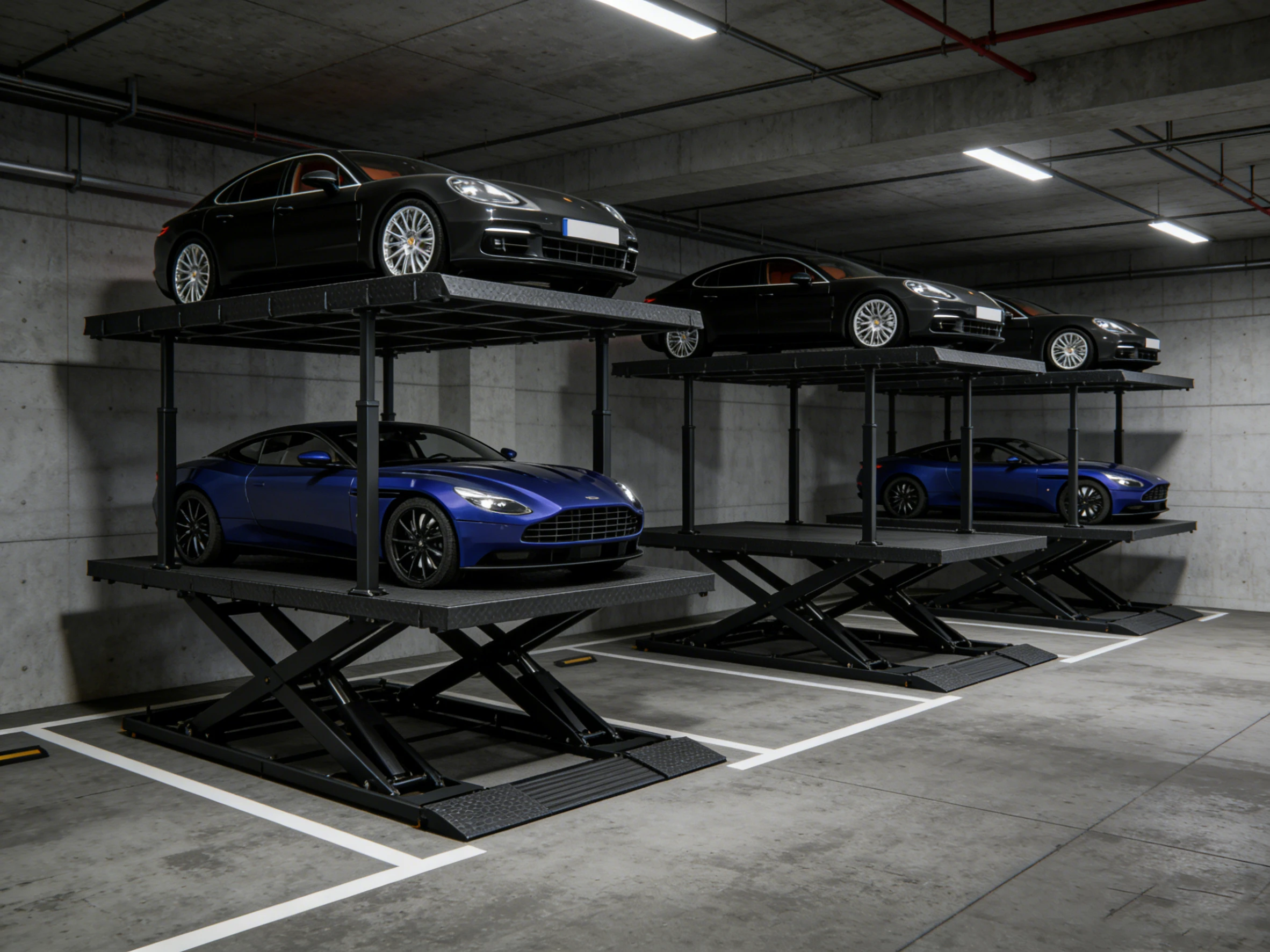 Multiple underground scissor parking lifts in a concrete parking garage, efficiently stacking luxury cars