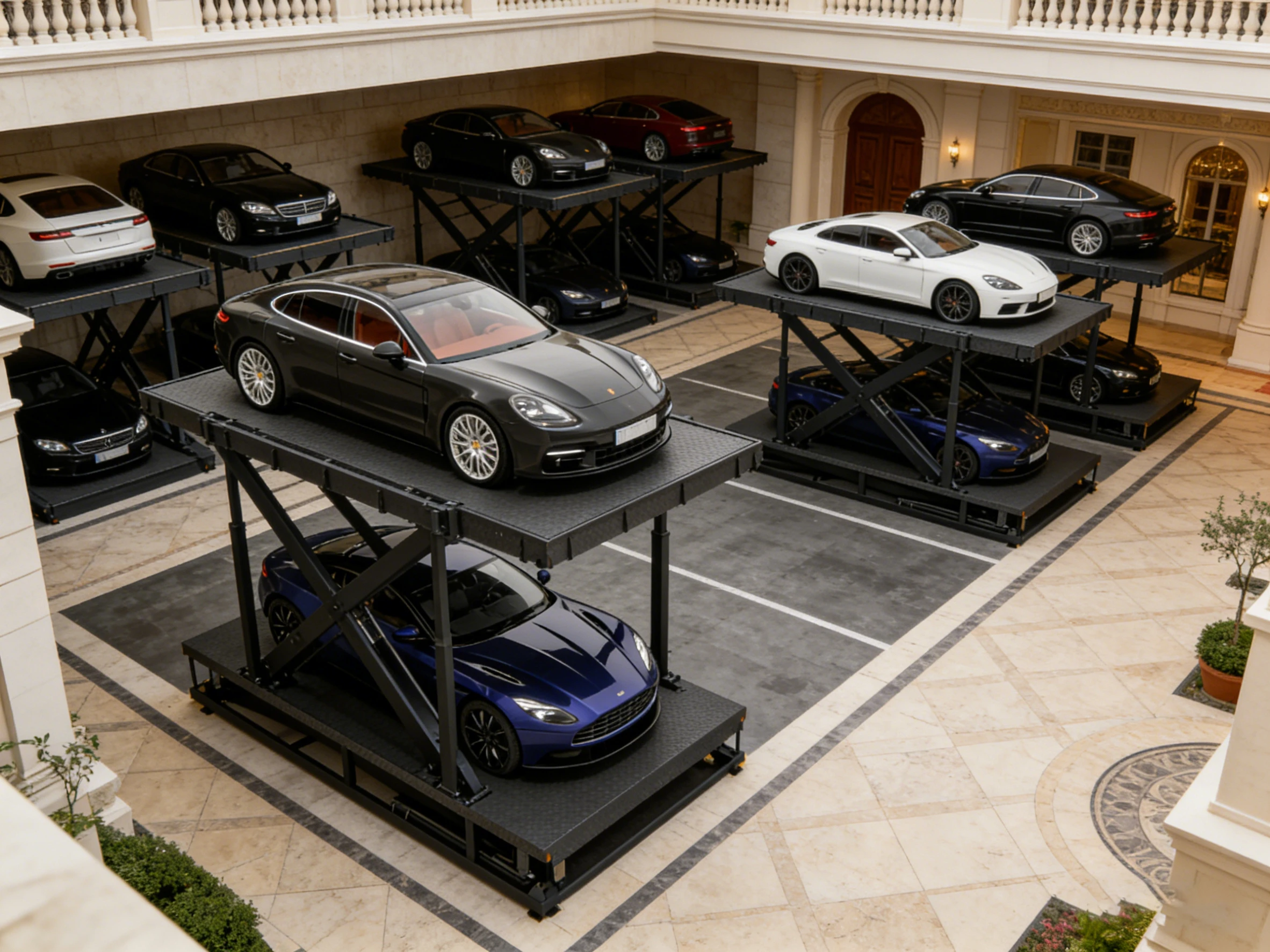 Underground scissor parking lift installed in a luxury residential courtyard, providing high-end vehicle storage solutions
